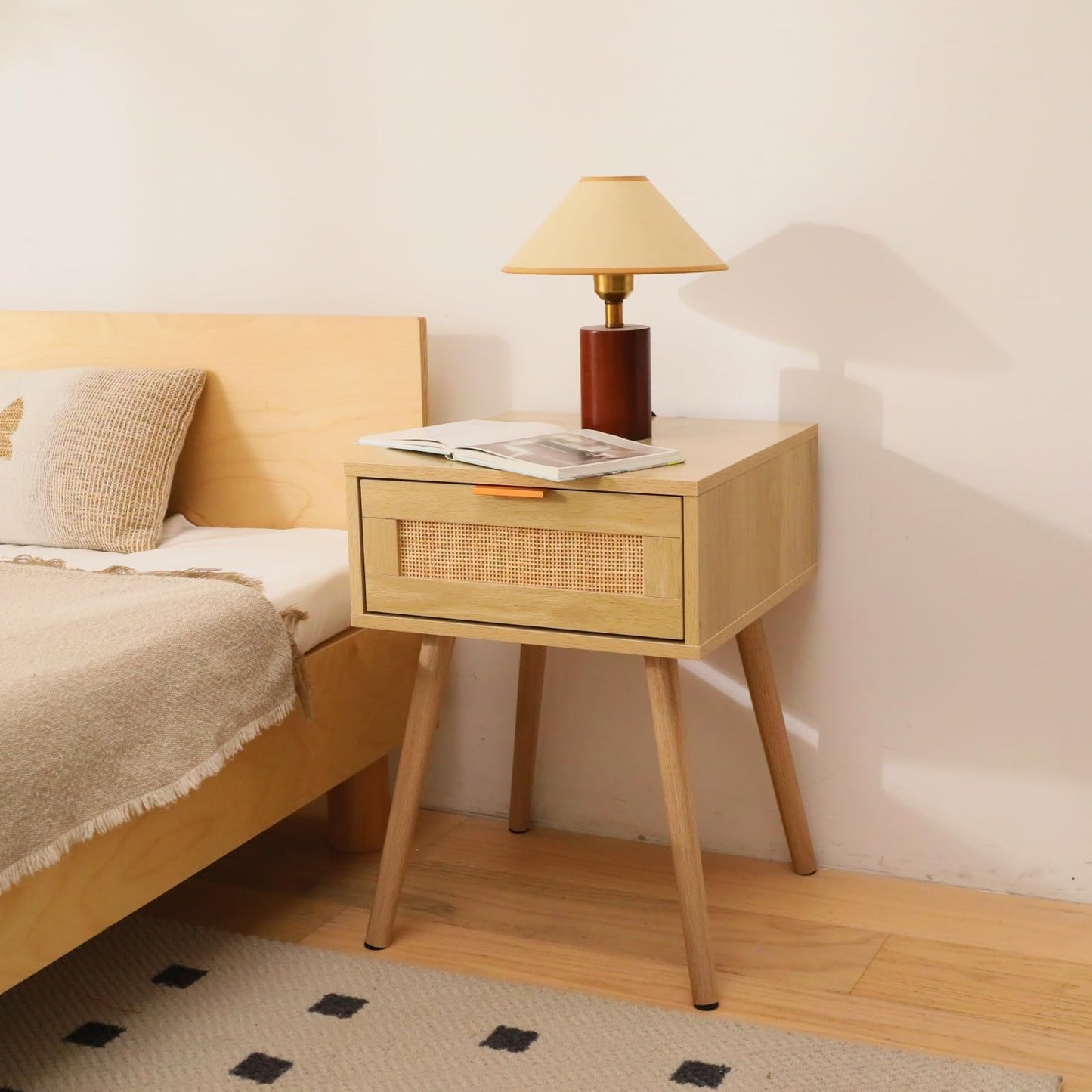 FUQARHY Rattan Nightstand Set of 2, Boho Side Table with Drawer, Mid Century Modern, End Table with Wood Legs for Bedroom, Dorm and Small Spaces
