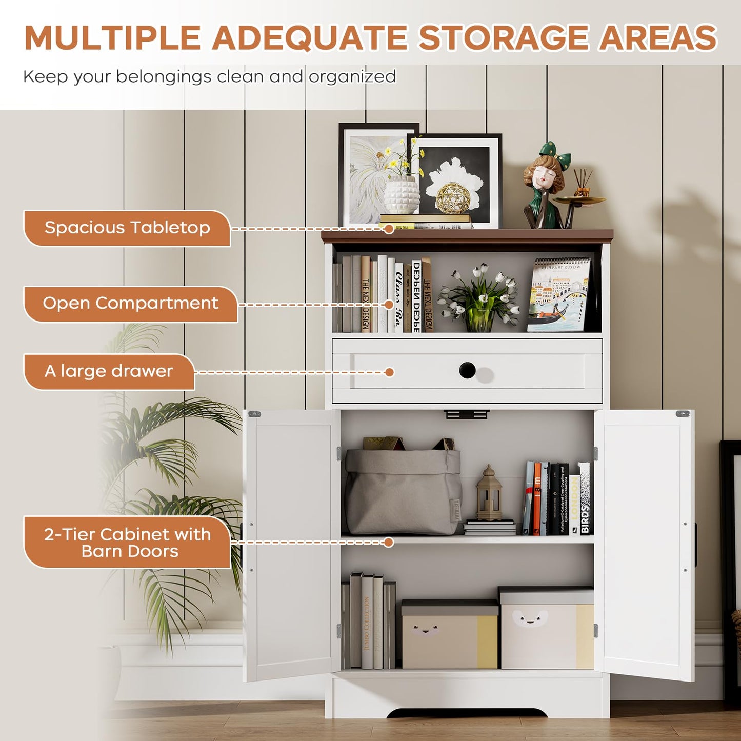 Viroformo White Floor Cabinet, Farmhouse Storage Cabinet with Barn Doors and Drawer, Freestanding Adjustable Shelf Cabinets for Bathroom, Kitchen, Living Room