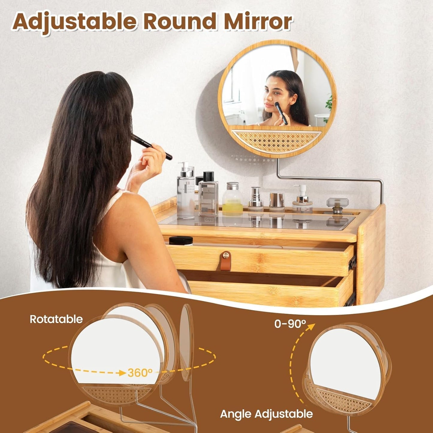 Generic Byroce Boho Vanity Desk, Makeup Vanity Table Set w/Mirror, Modern Vintage Dressing Table w/ 2 Drawers & Jewellery Display Tabletop, Rattan & Bamboo Style (Table & Stool Set), Natural