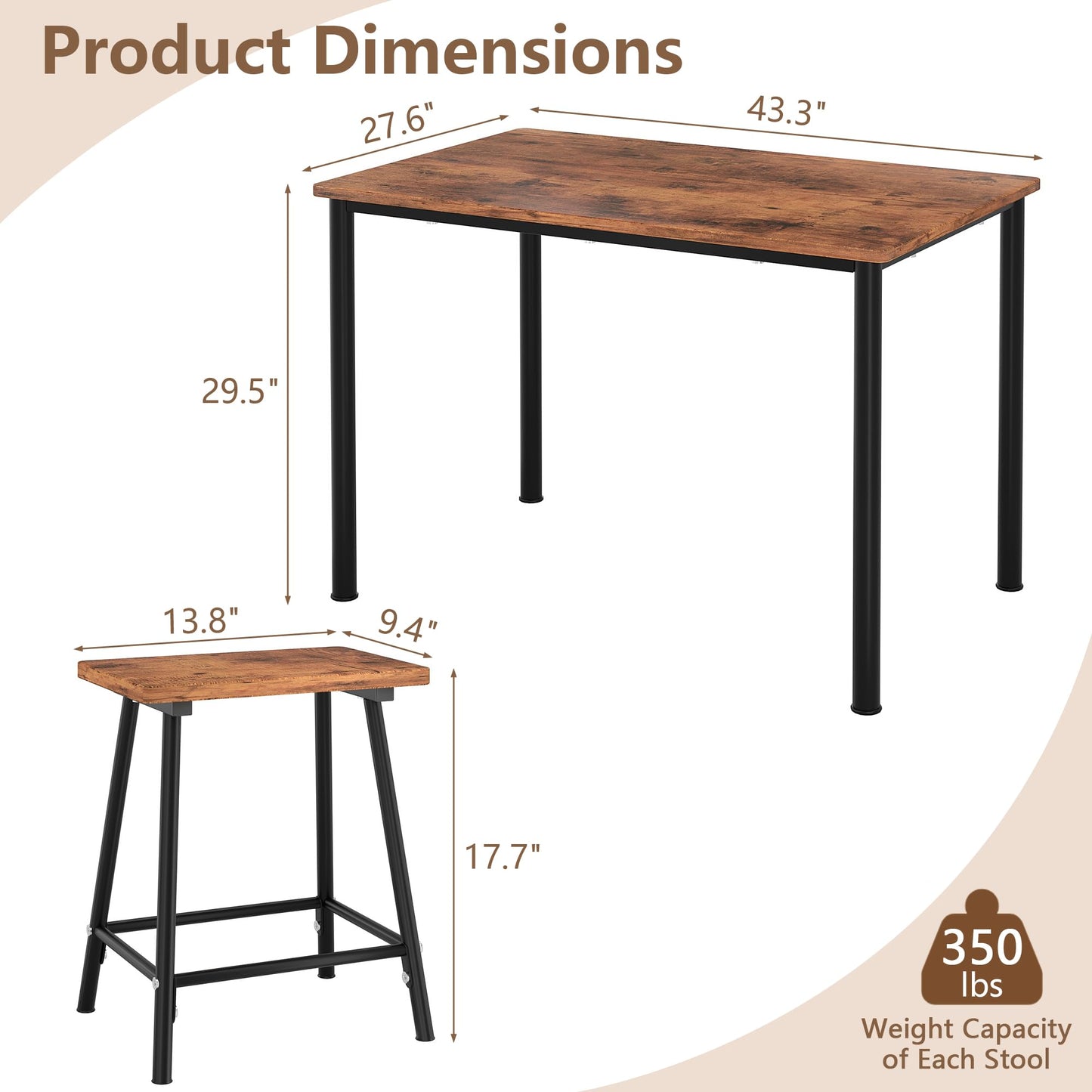 VECELO Kitchen Table and Chairs for 4, Dining Room Set with Chairs/Stools, Heavy-Duty Metal Frame with Wooden Tabletop for Small Spaces, Easy Assembly, Retro Brown