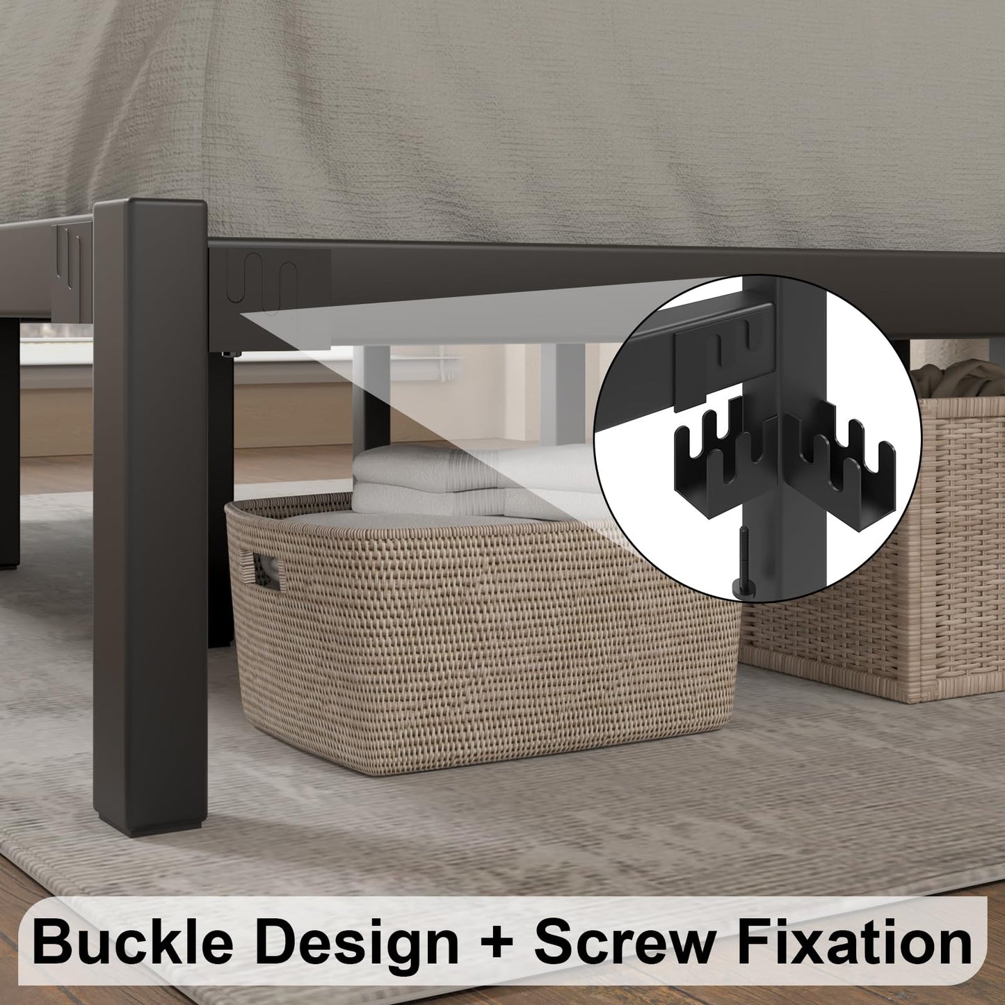 E-Motie King Size Bed Frame, Metal Platform Bed Frame with Headboard, Mattress Foundation with Spacious Underbed Storage, No Box Spring Needed, Easy Assembly, Modern, Black