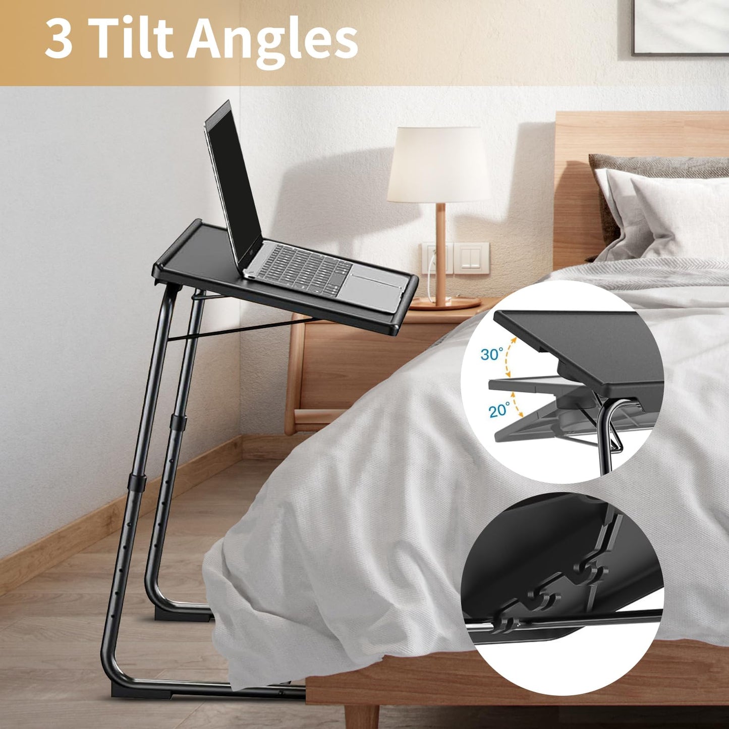 ZUCONKITCH Adjustable TV Tray Tables with 6 Height & 3 Tilt Angle, Folding TV Dinner Tray,TV Table with Cup Holder on Bed & Sofa (1 Pack, Black)