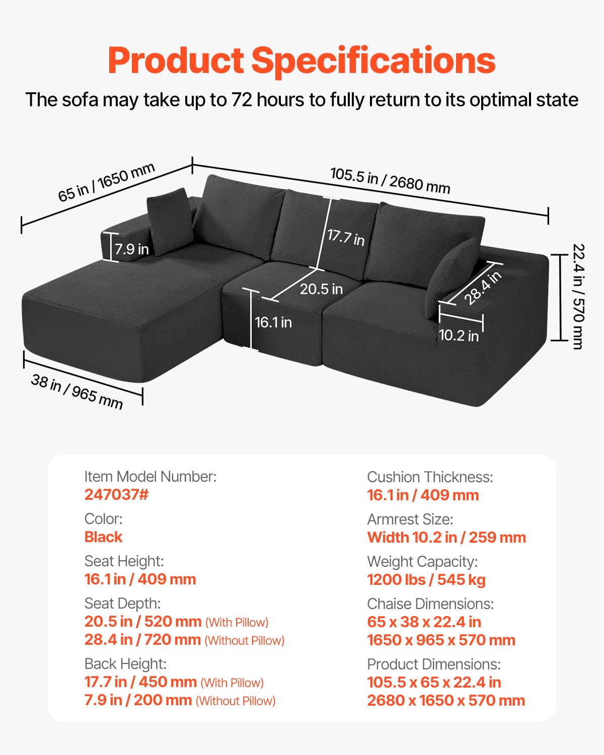 VEVOR Modular Sectional Sofa, Sectional Couch for Living Room, L Shaped Sofa with High Rebound Sponge, Cloud Couch with Cushion for Living Room, Apartment, Black
