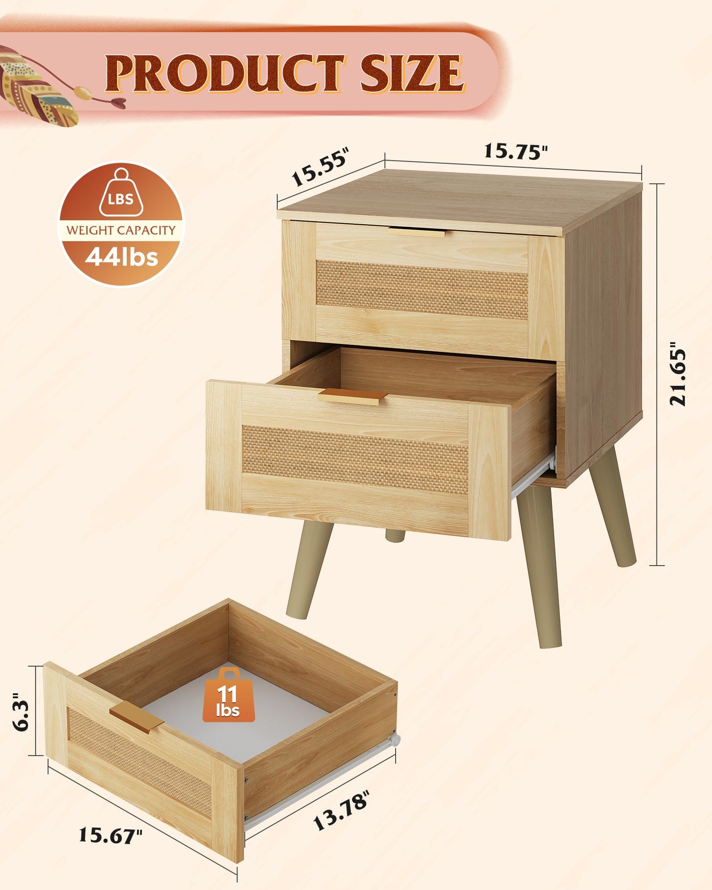 WLIVE Wood Nightstand Set of 2, Night Stand Sets with 2 Rattan Decor Drawers, End Tables with Solid Legs, Bed Side Table for Bedroom, Living Room, Natural Oak