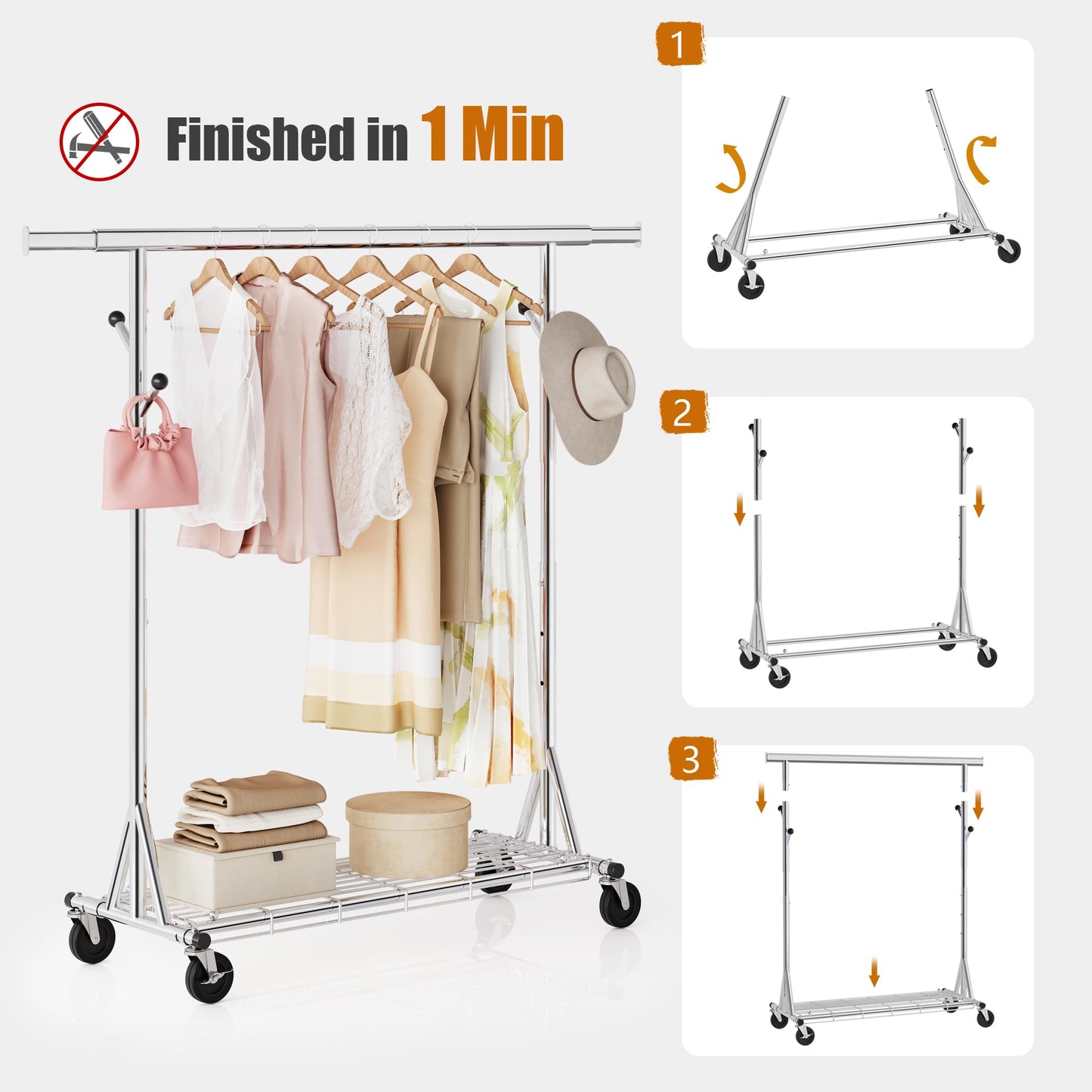 Gewudraw Heavy Duty Clothes Rack Load 530 LBS Metal Clothing Garment Rack Hang 200 pieces of clothing on Wheels Collapsible Rolling Portable & Adjustable with Hook for Hanging Clothes