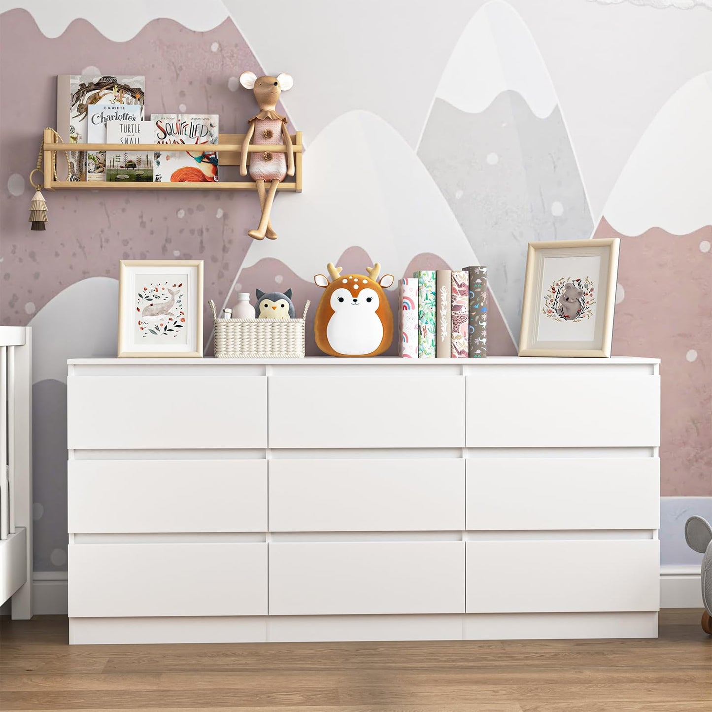 VERYKE White Dresser for Bedroom,Modern Long 9 Drawer Dresser with Deep Drawer,Large Storage Chest of Drawers,Wide Wood Bedroom Storage Furniture,TV Stand for Living Room