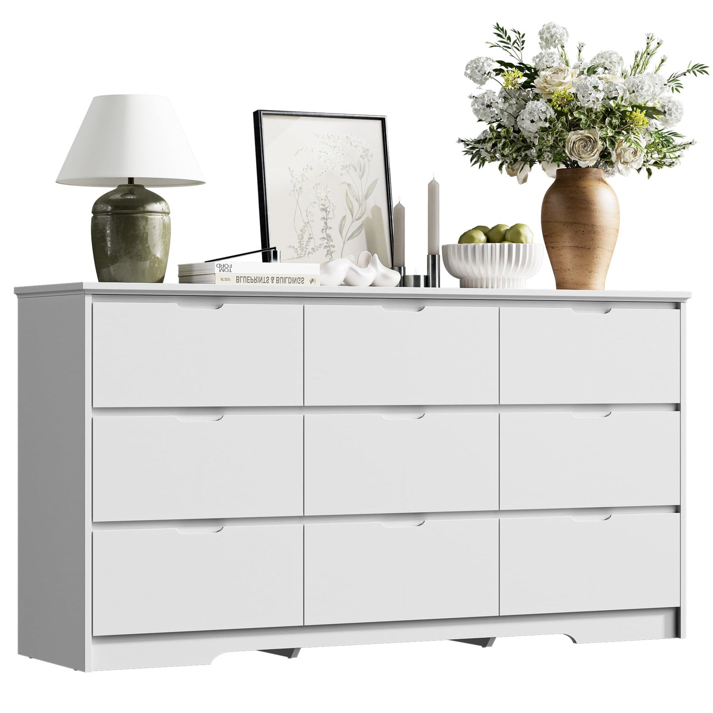 Tradre 59'' White Dresser for Bedroom, 9 Drawer Wood Dresser with Handle Free, Large Modern Chest of Drawers Dresser for Home Office, Living Room, Entryway