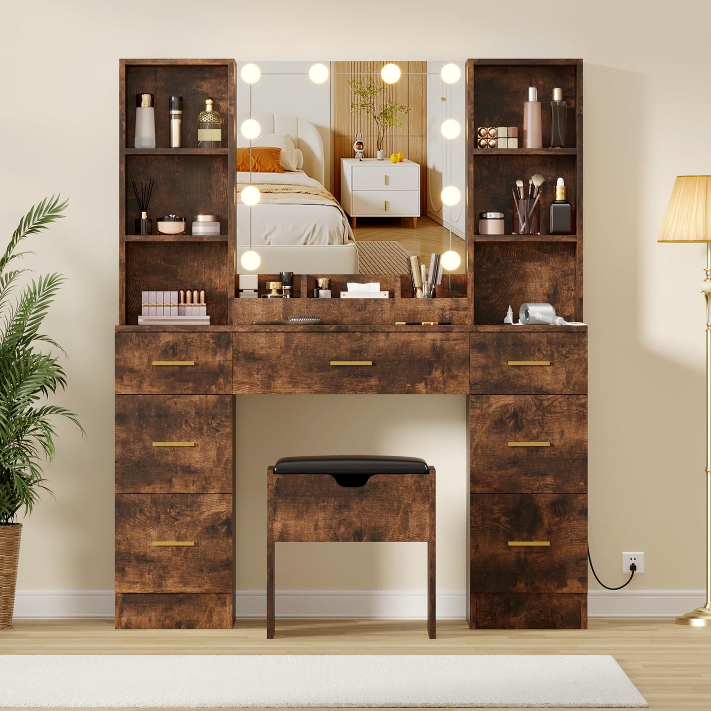 Garvee 56" Modern Vanity Set with LED Lighted Mirror,Farmhouse Makeup Vanity with Power Outlet&Storage Shelves,Bedroom Dressing Table for Women&Girls,3 Lighting Modes,Brightness Adjustable(Brown)