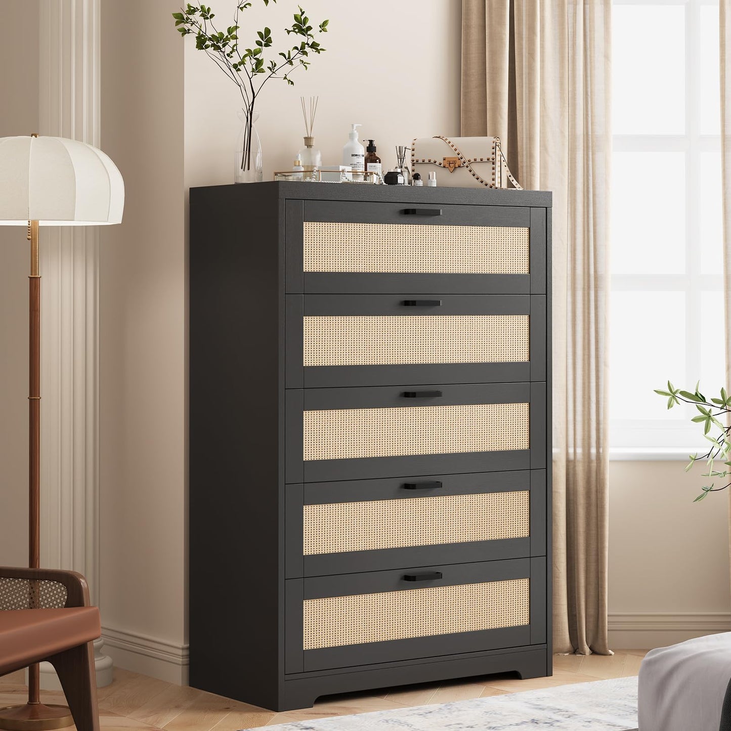 5 Drawer Dresser for Bedroom Wooden Spacious Storage Chest of Drawers with Wide Top Rattan Chest of Dressers Modern Wood Tall Dresser with Metal Handle for Living Room Closet Hallway Entryway
