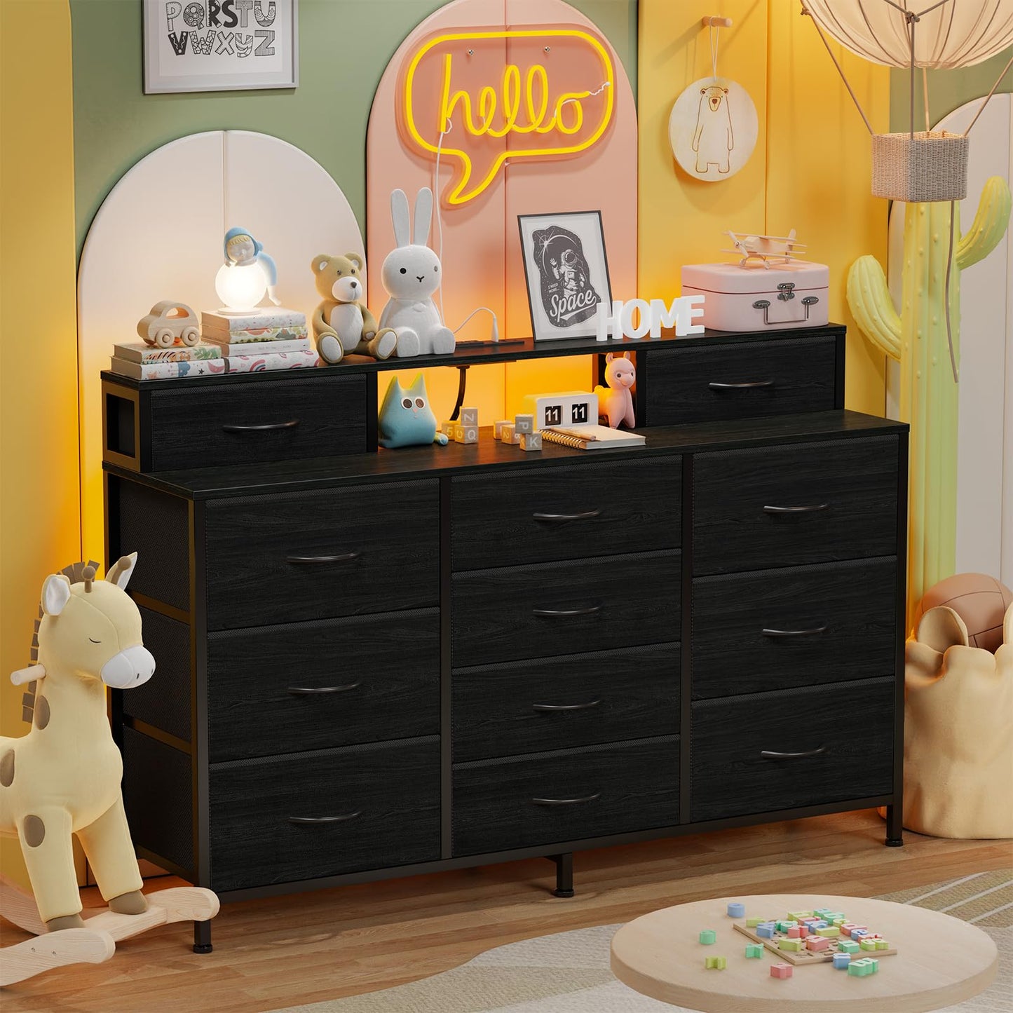 Furnulem 55" W Dresser for Bedroom with LED Lights and Power Outlets,Black Large 12 Storage Drawers Long Fabric Chests Dressers with 2 Shelves for Closet,Living Room,Entryway,Wooden Top,Metal Frame