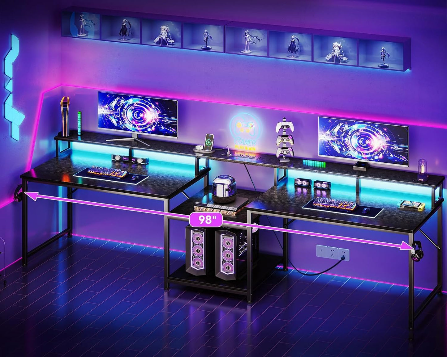 Casaottima 98 Inch 2 Person Gaming Desk with Storage Shelves, Long Double Home Office Computer Writing Desks with USB Charging Port & LED Lights, Monitor Stand, Modern Study/Work Table,Black