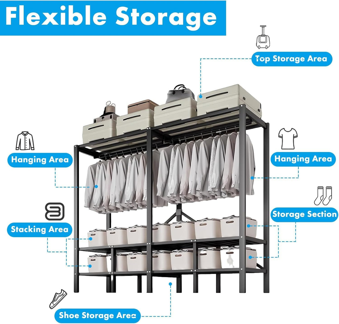FKKPRVAX Heavy Duty Portable Closet with Cover 1200Ibs Foldable Covered Clothes Rack for Hanging Armoire Wardrobe Closet System Freestanding Coat Storage Garment Racks (168cm/66in（Hazy Gray）)