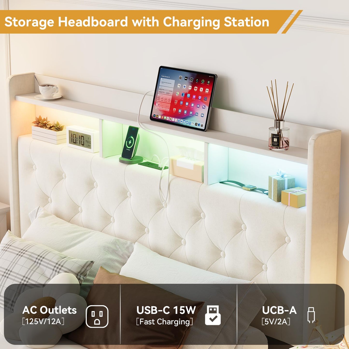 VINTLJUS Full LED Bed Frame with Storage Headboard & Charging Station, Velvet Fabric Platform Bed Frames with 4 Drawers, Button Tufted Upholstered, No Box Spring Needed, Beige