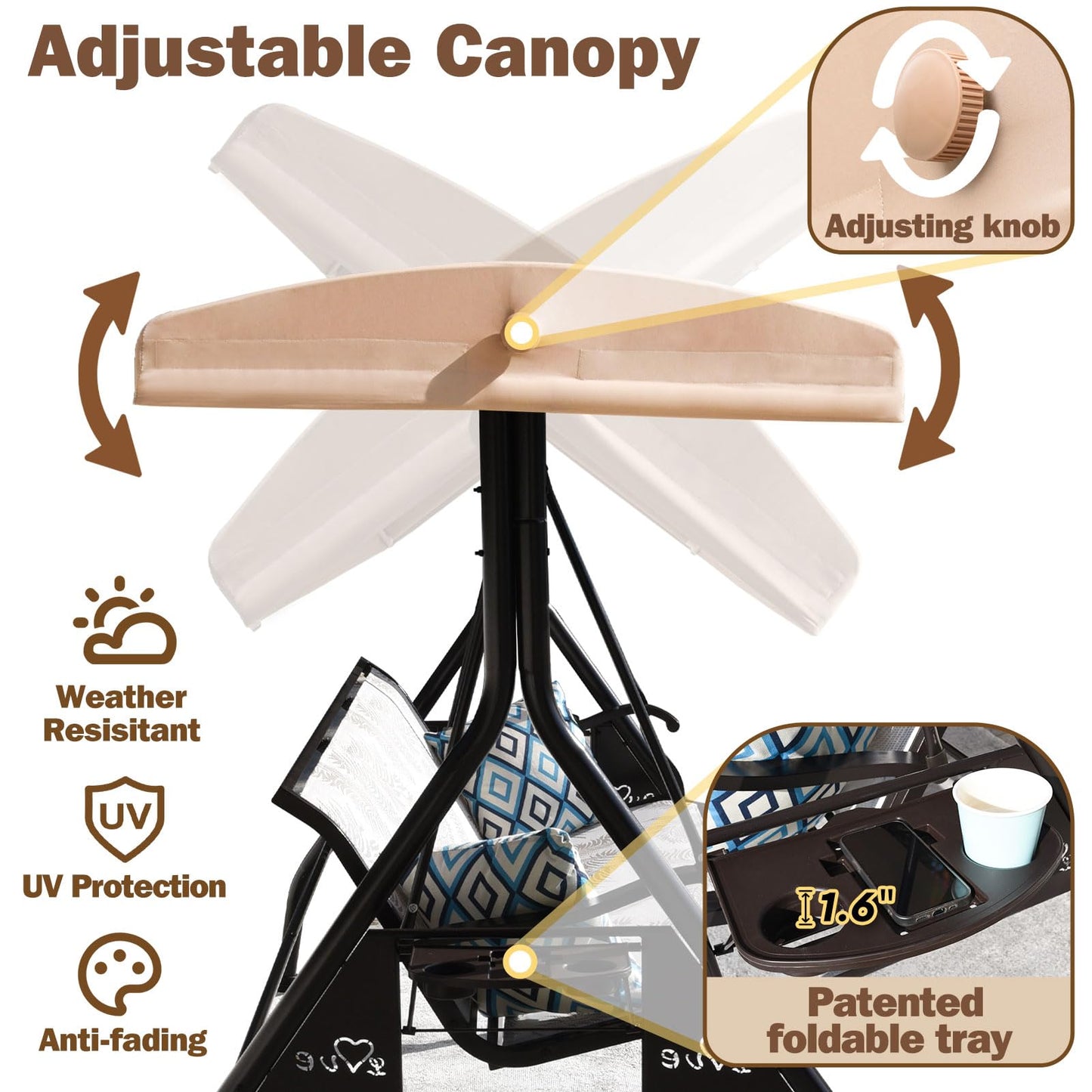 ZZW 3 Person Patio Swing Outdoor Swing for Adults with Adjustable Canopy &Upgraded Cup Holders Textilene Fabric Porch Swing Chair with Stand Heavy Duty 800 LBS