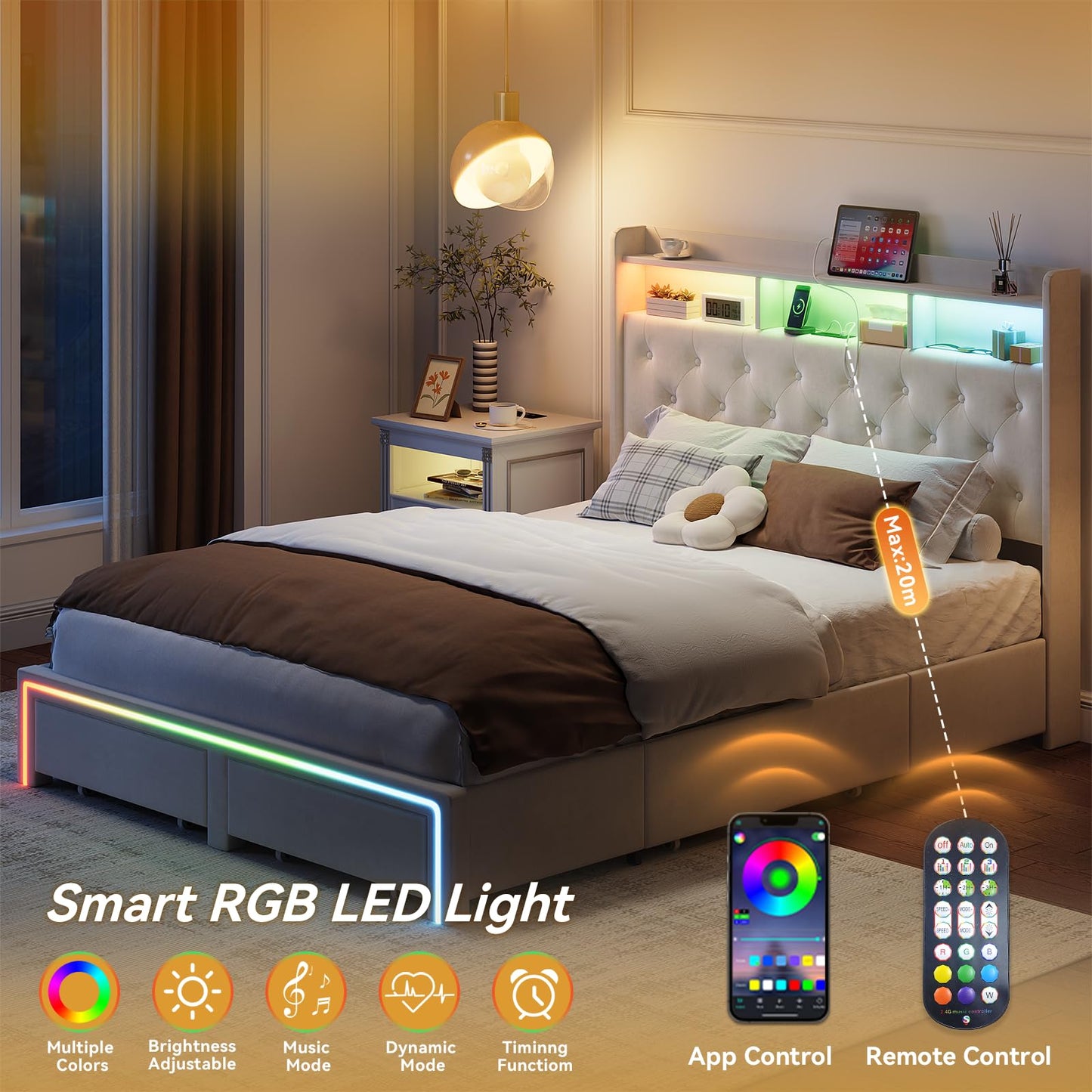 VINTLJUS Full LED Bed Frame with Storage Headboard & Charging Station, Velvet Fabric Platform Bed Frames with 4 Drawers, Button Tufted Upholstered, No Box Spring Needed, Beige