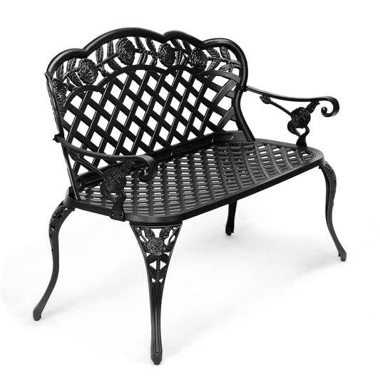 VINGLI 42.5" Outdoor Bench, Antique Cast Aluminum Front Porch Bench Metal Garden Benches Cast Iron Benches 2-3 People Seating (Black)