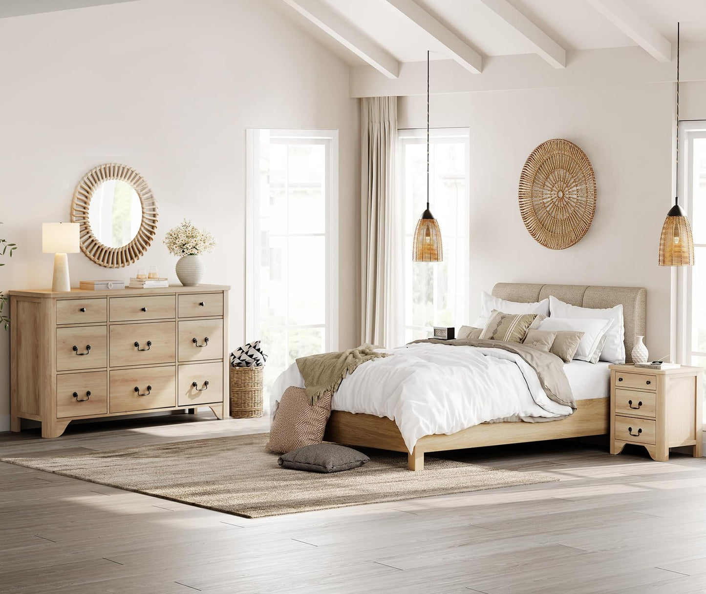 WAMPAT 9 Drawers Dresser for Bedroom, 53.5'' Wide Farmhouse Dresser TV Stand with Curved Edge Design and Wide Chests of Drawers,Storage Dressers Organizer Wood Dressers for Bedroom,Closet,Hallway,Oak