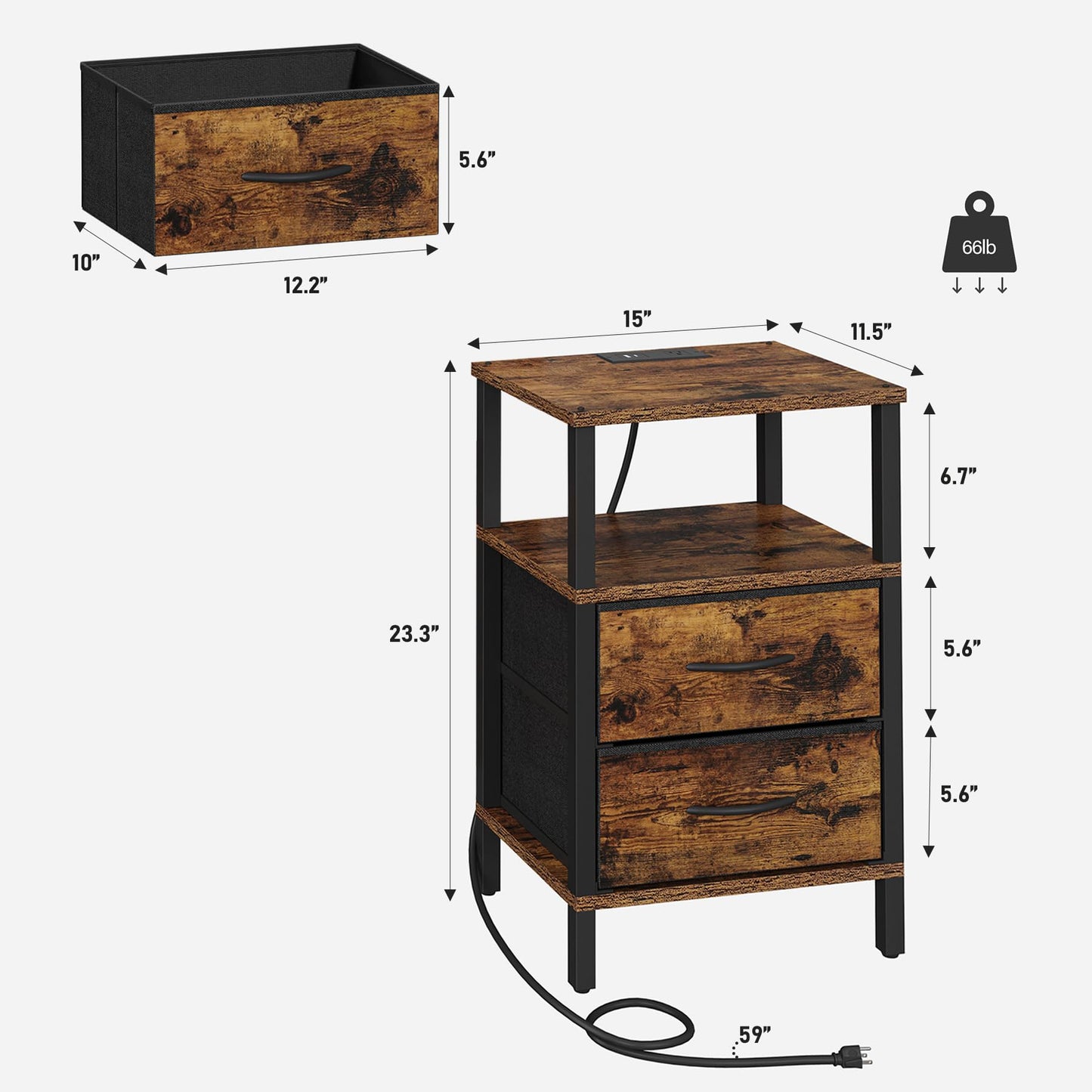 TUTOTAK End Table with Charging Station, Side Table with 2 USB Ports and Outlets, Nightstand with Cloth Drawer, Set of 2, Couch Table, Brown TB01BB067