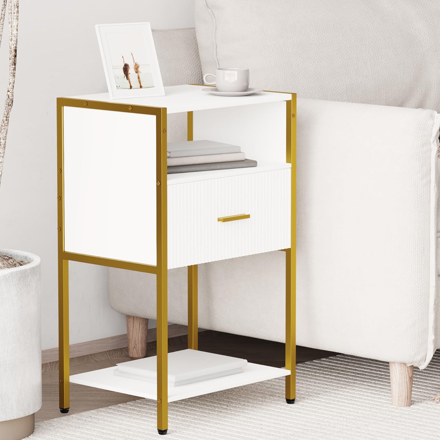 Veegle Fluted Nightstand, Modern Side Table with Drawer, White and Gold Bedside Table with Open Shelves for Living Room, Bedroom
