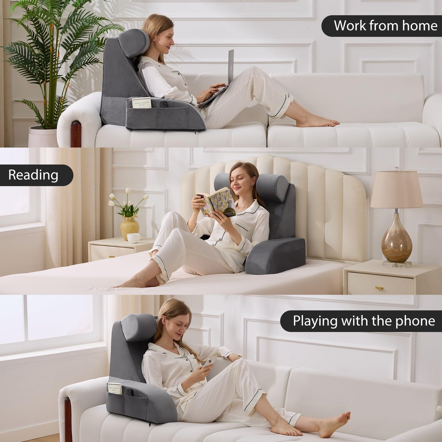 Velorose Reading Pillow for Sitting in Bed Adult, Back Pillow for Bed Sitting up, Backrest Pillow with Arms, Back Support Pillows for Gaming Lounging Watching TV, Medium 19" Grey