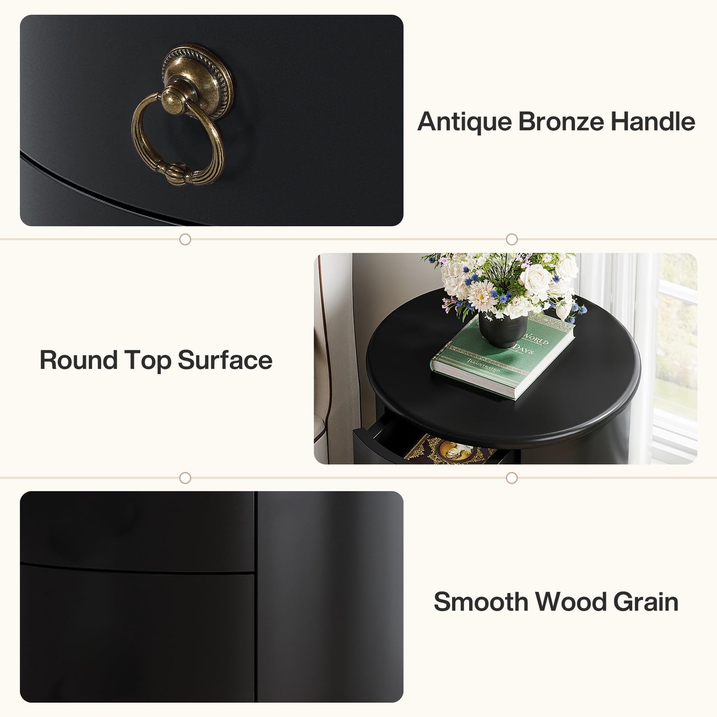 Tribesigns Solid Wood Nightstand, Round Night Stand with 4 Drawers, Rustic Bedside Table Tall Nightstand for Bedroom, Living Room, No Assembly Required (2, Black)