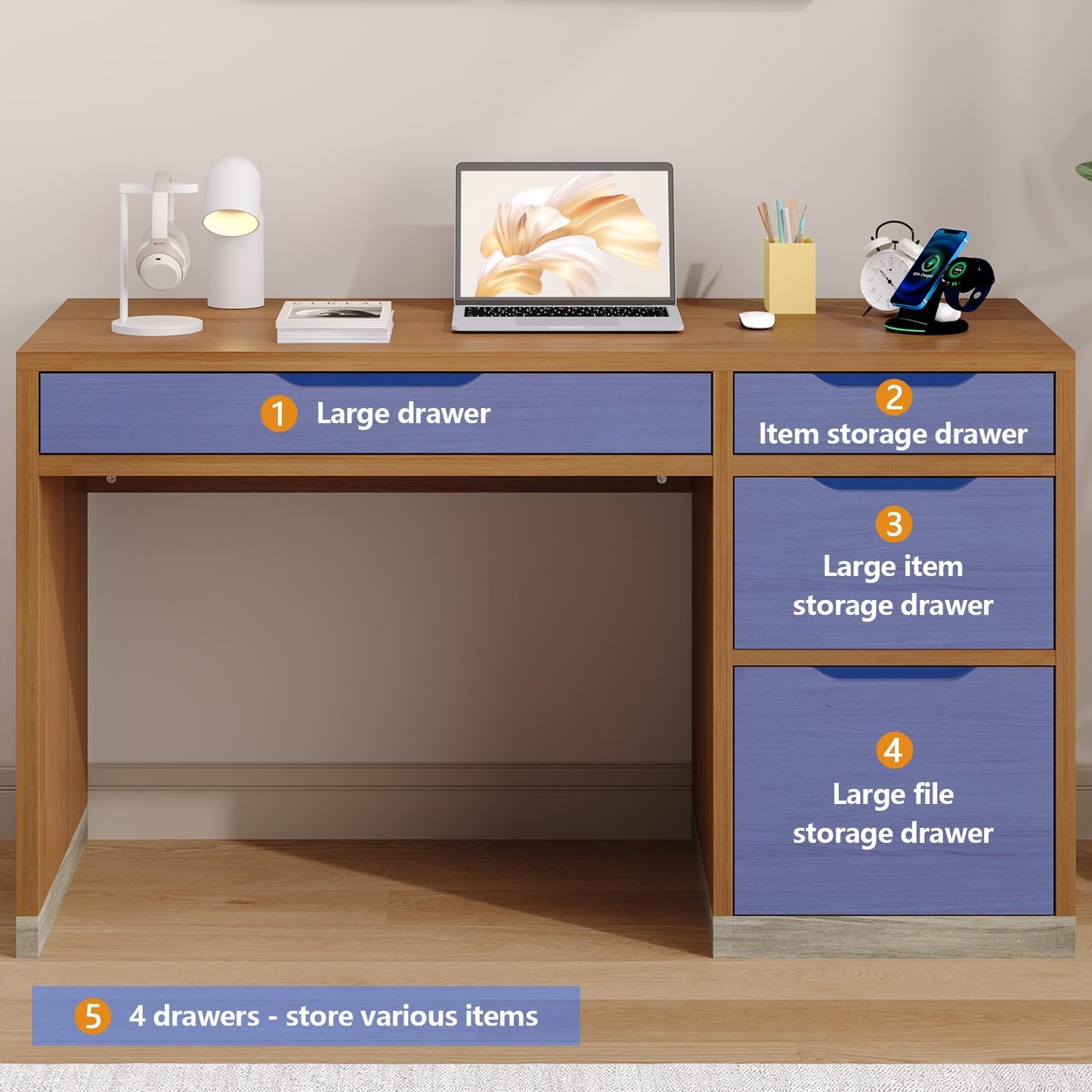 MaverickFurni 52 Inch Desk with 4 Drawers, Small Computer Desk for Small Space, Home Office Desk with Storage File Cabinet for Bedroom, Brown