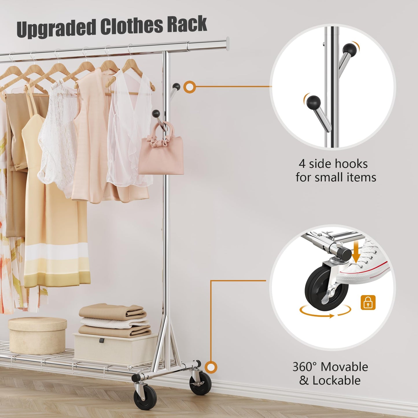 Gewudraw Heavy Duty Clothes Rack Load 530 LBS Metal Clothing Garment Rack Hang 200 pieces of clothing on Wheels Collapsible Rolling Portable & Adjustable with Hook for Hanging Clothes