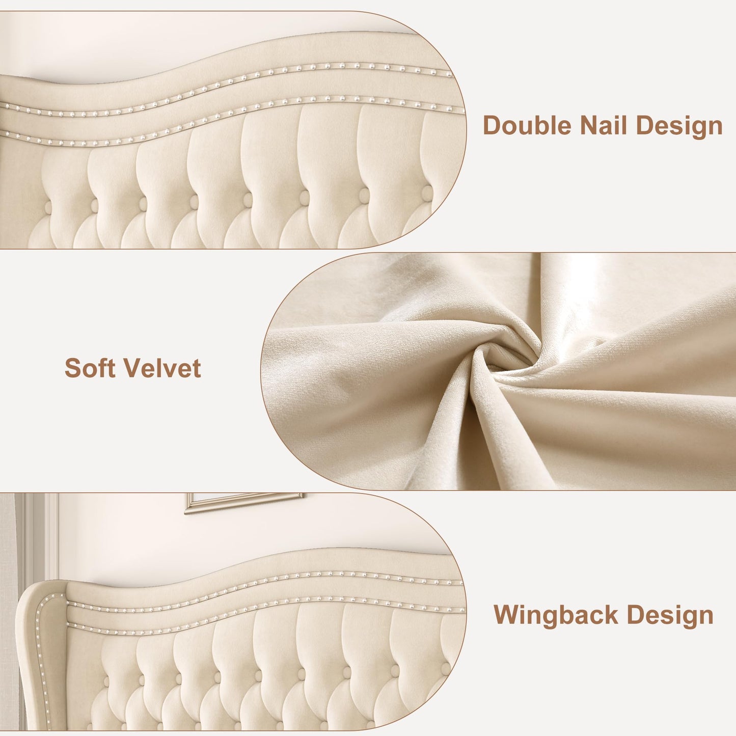 VINTLJUS Queen Bed Frame with Tall Headboard & Footboard, Velvet Upholstered Platform Bed Frame with Deep Button Tufted Wingback, No Box Spring Needed, Noise Free, Beige