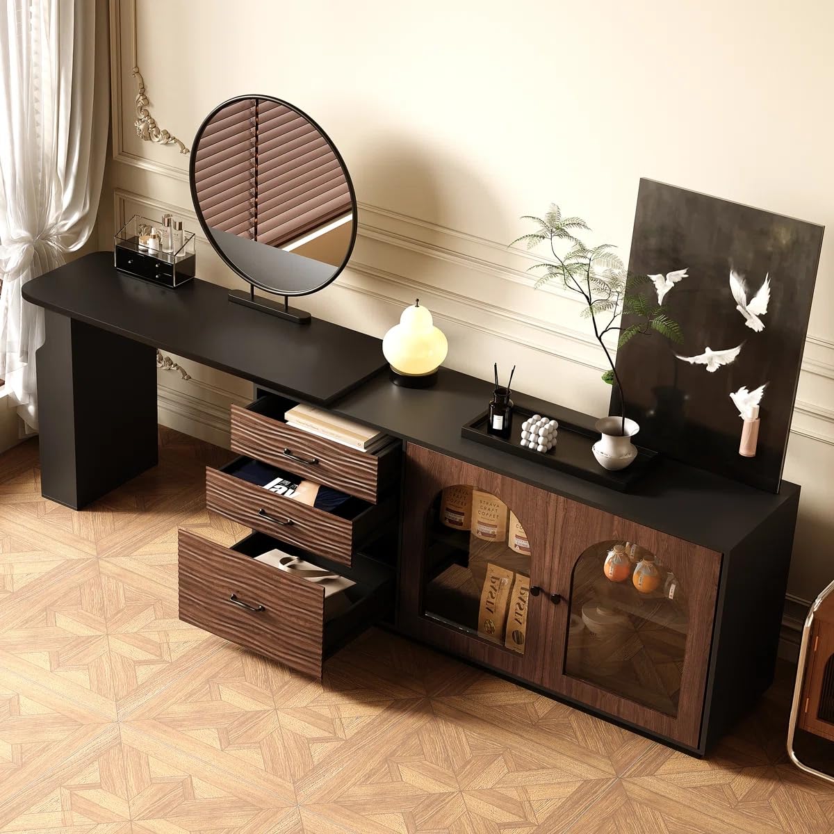 Trroec Adjustable L-Shaped Corner Table with 3 Drawers and 2 Glass Cabinet Doors Length 65.75"-94.48" Expandable Wooden Vanity and Desk Combo Side Storage for Bedroom Dressing Room Study