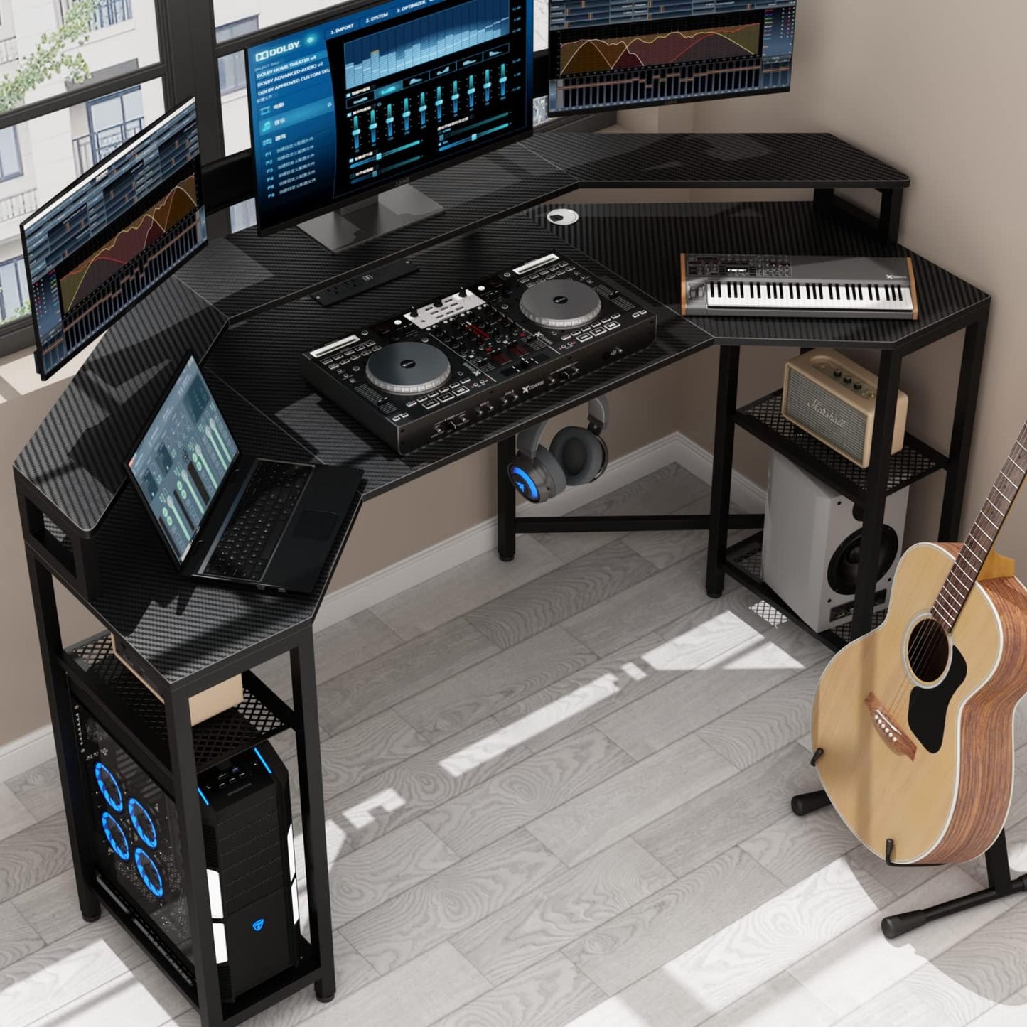 Gyfimoie Gaming Desk with Power Outlets & LED Lights, 63" Wing-Shaped Computer Desk with Full Monitor Stand,Wireless Charging,Shelves,RGB Mouse Pad, Studio Desk Corner Desk with Headphone Hook (Black)