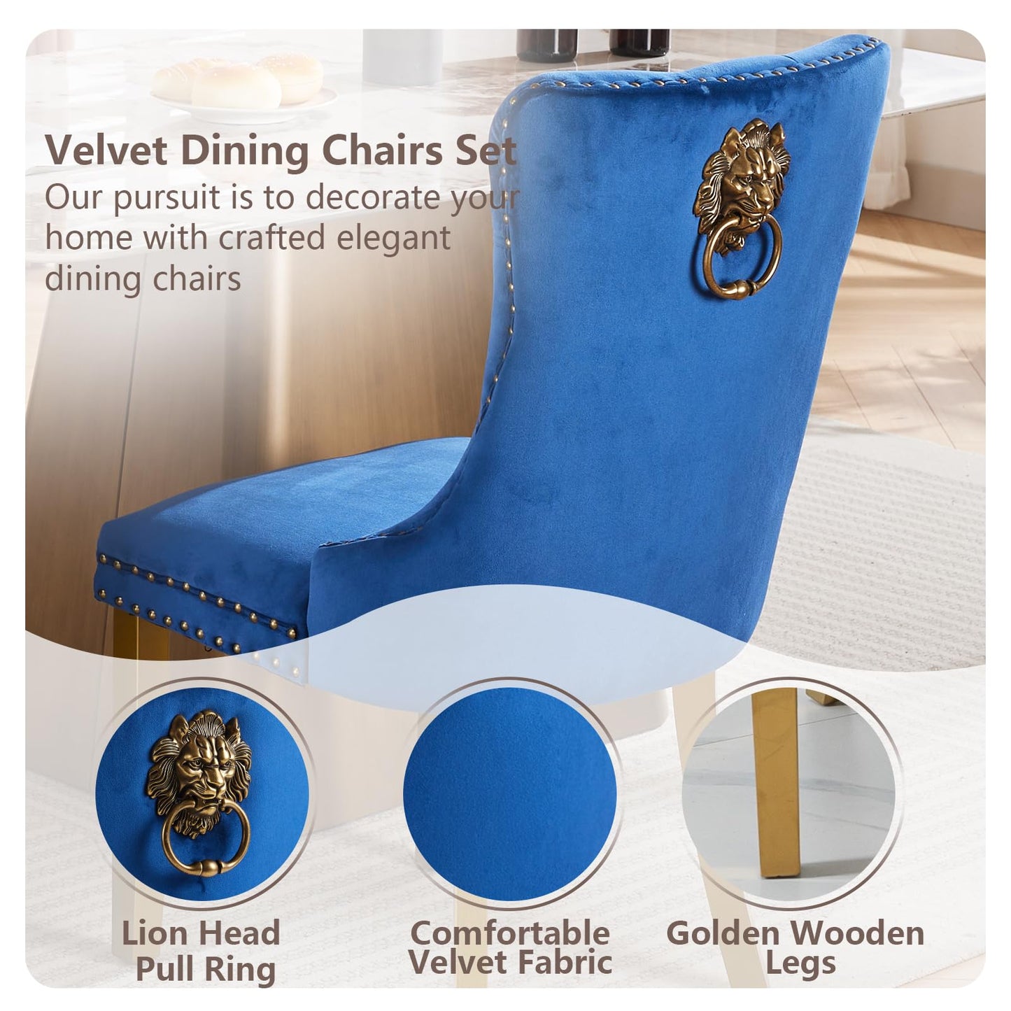 Velvet Dining Chairs Set of 4, Modern Tufted Dining Room Chair, Upholstered Dining Chairs with Lion Head Pulls Ring and Golden Solid Wood Legs, Luxury Kitchen Chairs for Dining Room, Blue