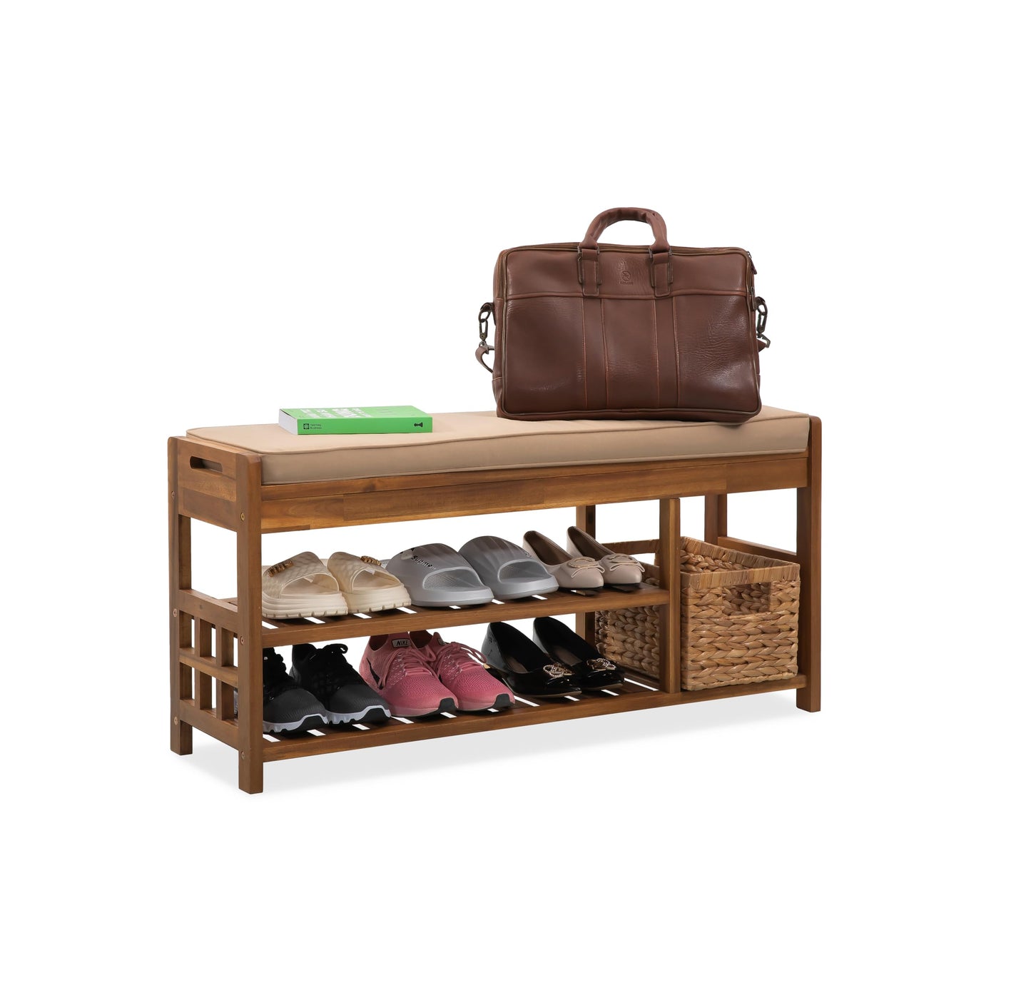 VICTORY RELAX Wooden Shoe Storage with Bench Seat - Natural Acacia Wood Entryway Organizer with Cushioned Top & Easy-Move Handles - Multi-Level Shoe Shelf (39.4 x 11.6X 19.29)