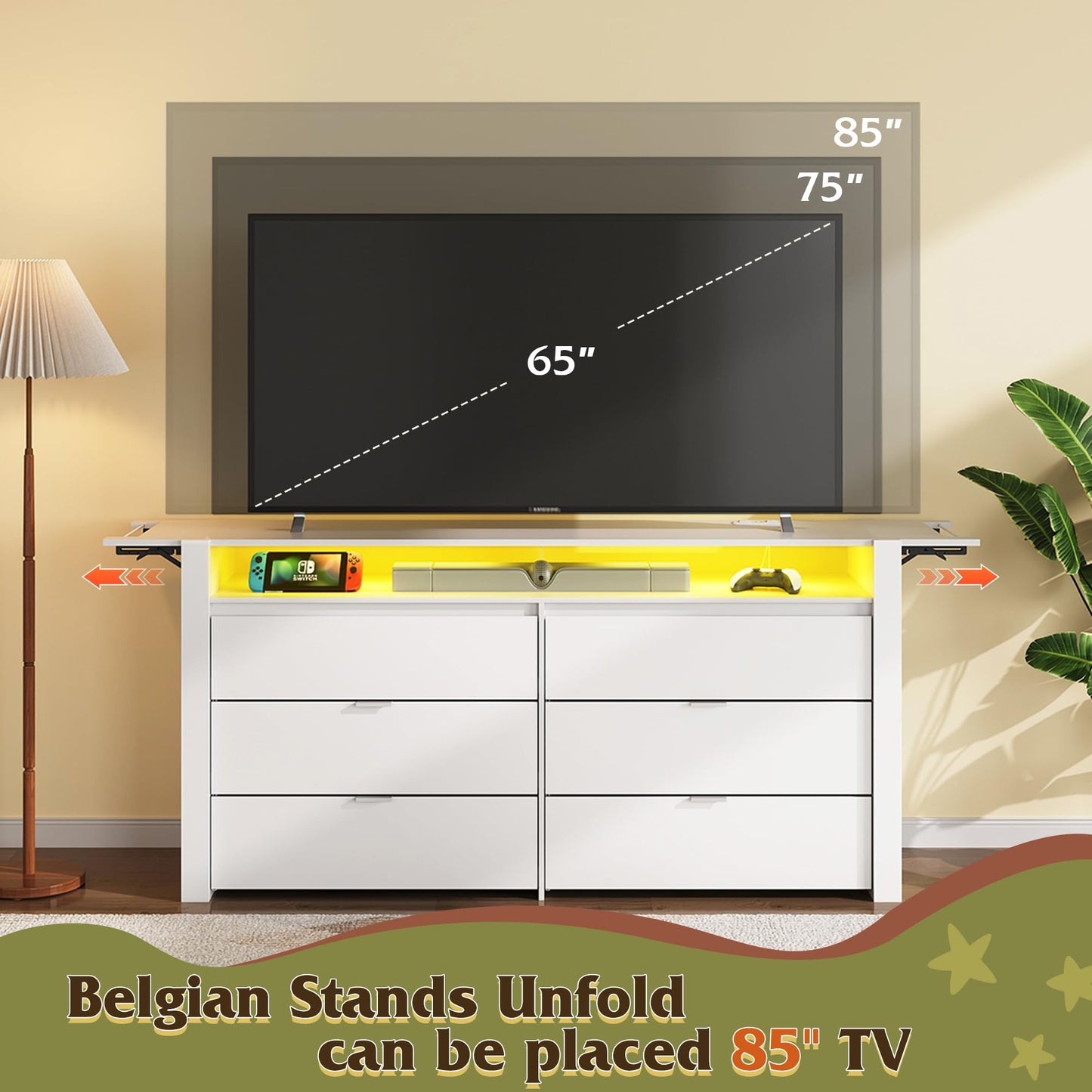 WLIVE 78 Inch Dresser for Bedroom, Large Chest of Drawers Expandable White Wood Dresser from 5'3" to 6'5'' with Flexible Shelves and Hanging Rack, Led Dressers for Living Room (85'' TV)