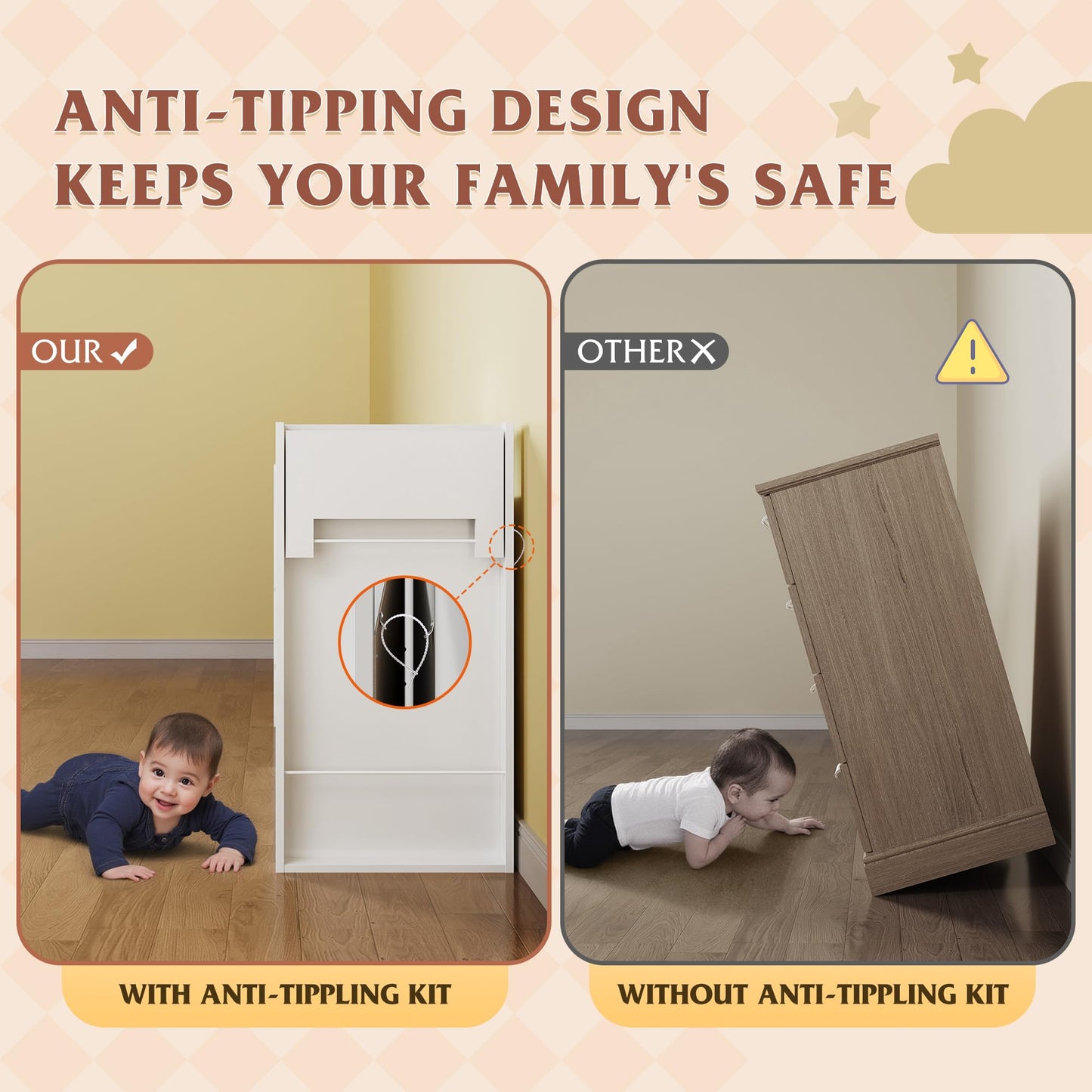 WLIVE 78 Inch Dresser for Bedroom, Large Chest of Drawers Expandable White Wood Dresser from 5'3" to 6'5'' with Flexible Shelves and Hanging Rack, Led Dressers for Living Room (85'' TV)