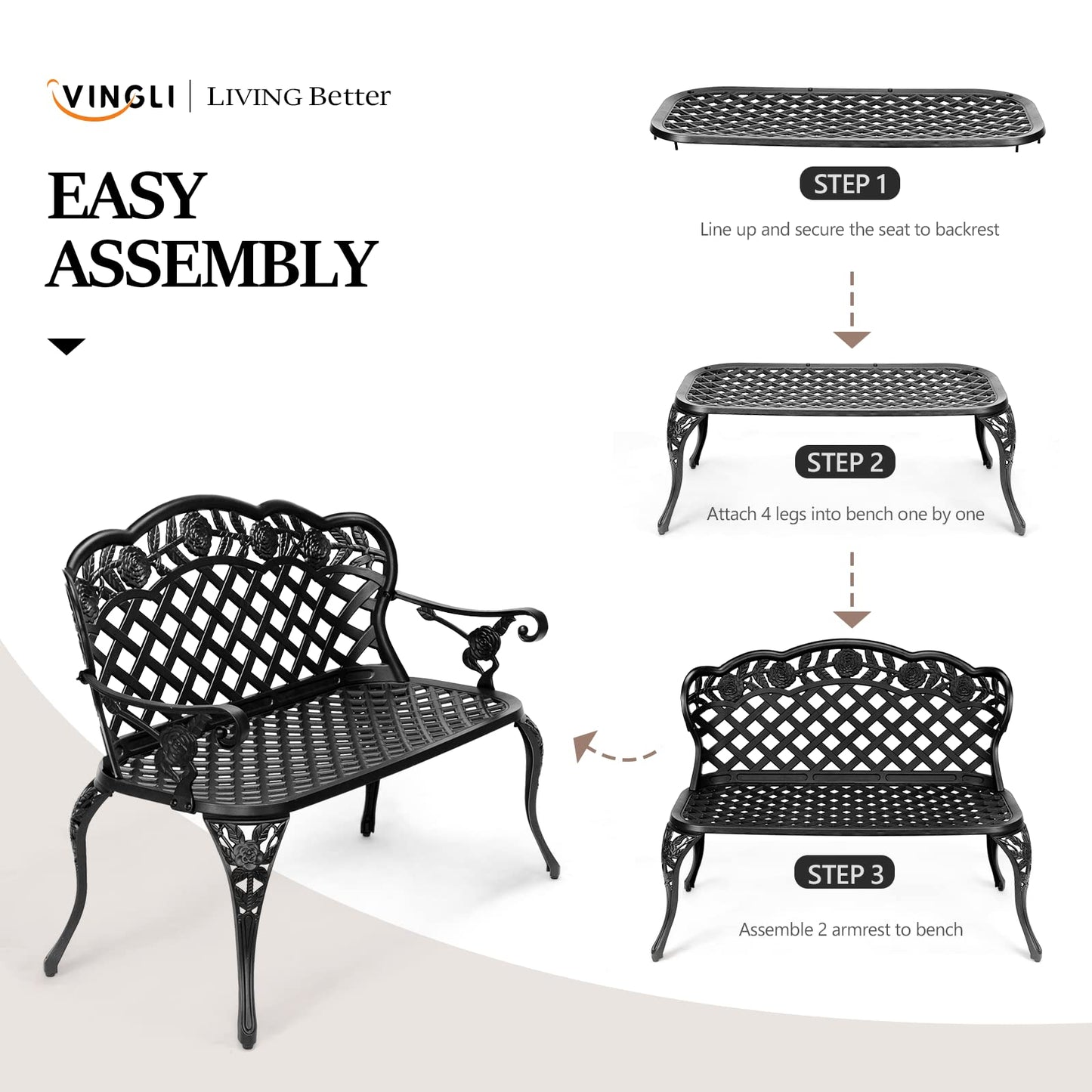 VINGLI 42.5" Outdoor Bench, Antique Cast Aluminum Front Porch Bench Metal Garden Benches Cast Iron Benches 2-3 People Seating (Black)