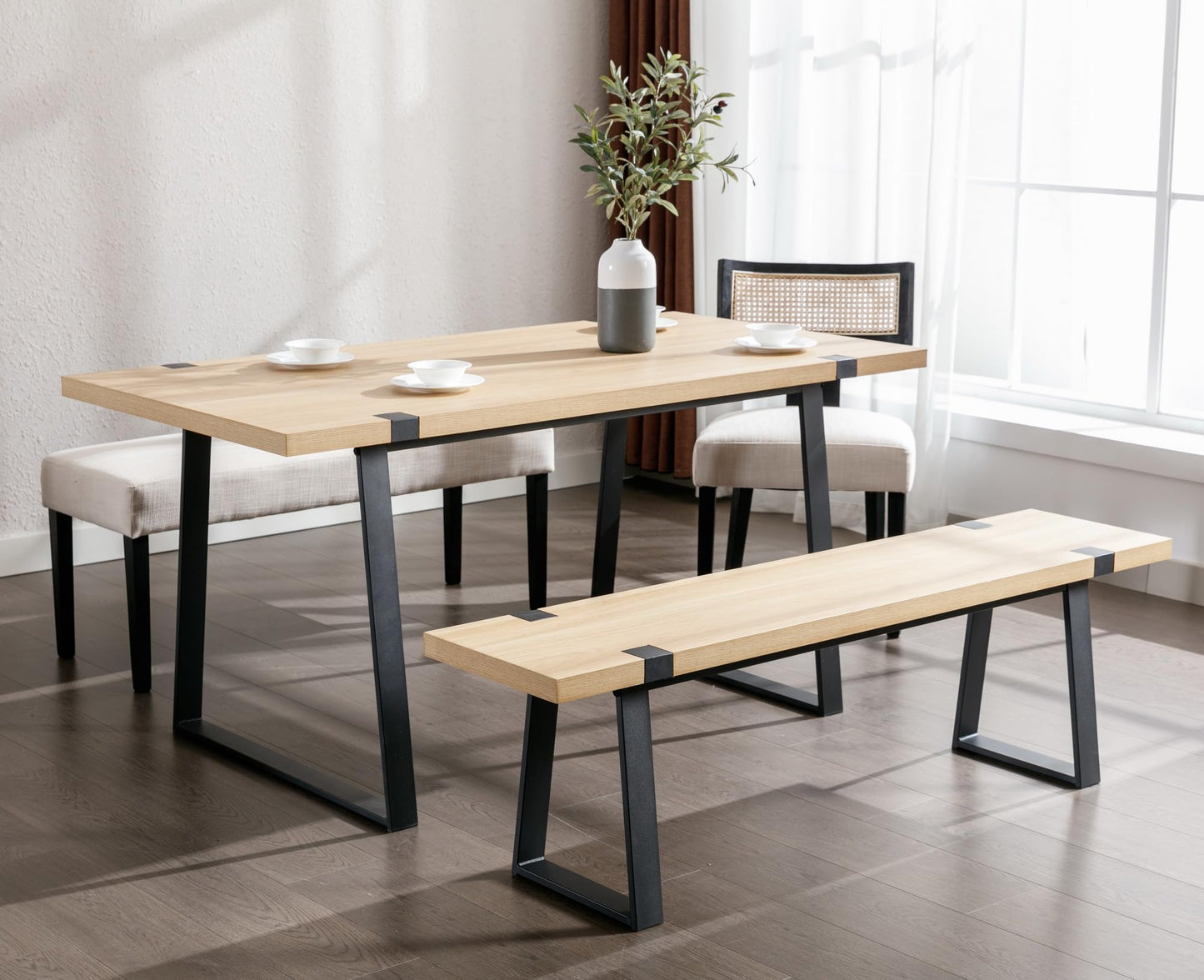 Wooden Dining Bench 60” Industrial Table Benches, Seating Chair Rustic Indoor Benches, Mid Century Kitchen Bench with Metal Legs, Light Oak