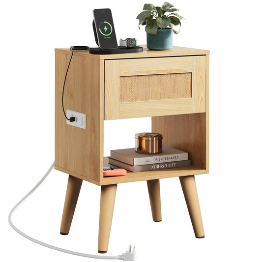 WLIVE Rattan Nightstand with Charging Station, Boho Night Stand, Small Bedroom Side Table, End Table with Drawer and Storage, Wood Bedside Tables for Bedroom, Small Spaces, Natural Oak