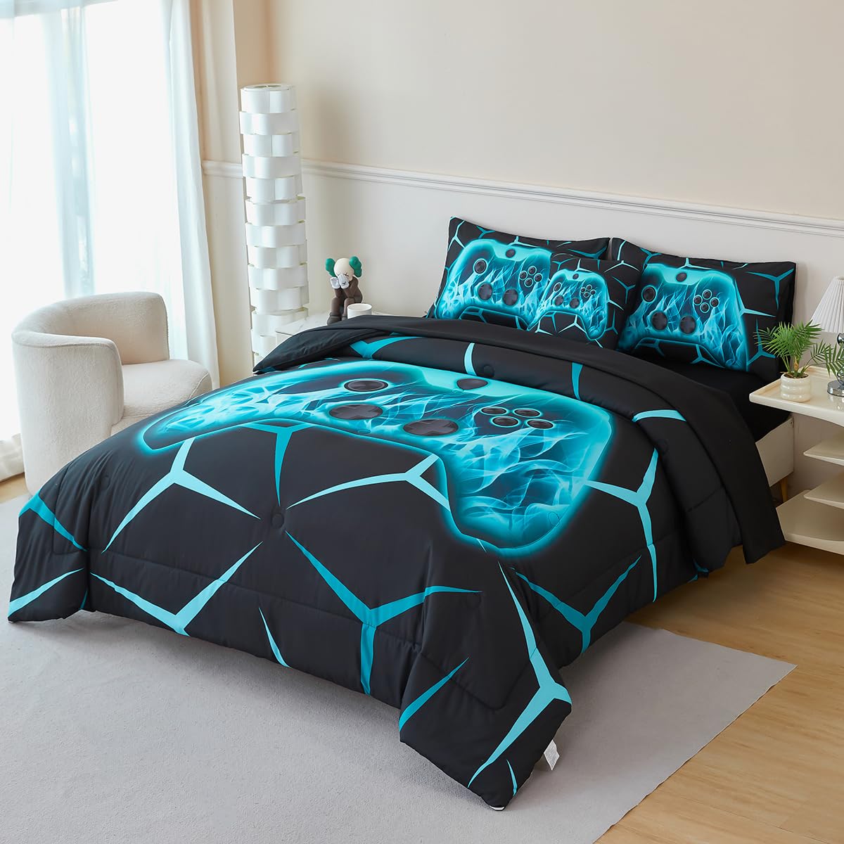 ZSYAYAHA Gamer Twin Bedding Set for Boys 6 Pieces Gamepad Comforter Set for Kids Teens Black Aqua Bed in A Bag 3D Geometric Video Gaming Bed Sets with Sheets(Aqua, Twin)