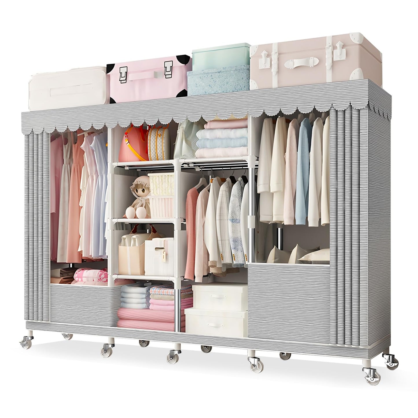 YFGSFWTS Portable Closet for Hanging Clothes with Wheels wardrobe closet Wide Large Capacity Wardrobe Closet with Cover Storage Shelves and Hanging closets for hanging clothes for Cloakroom Bedroom(20