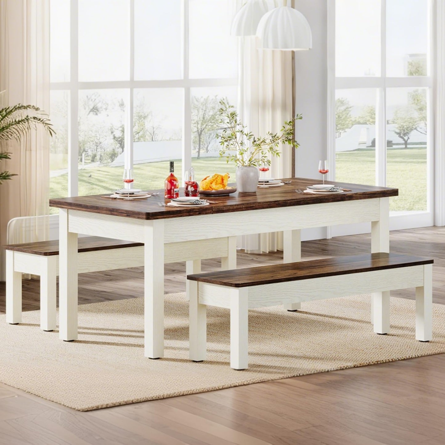 Tribesigns Farmhouse Kitchen Table Set for 4-6, 55-Inch Wooden Dining Table with 2 Benches, Space Saving 3 Pieces Heavy Duty Dinette for Dining Room, Kitchen, Small Space