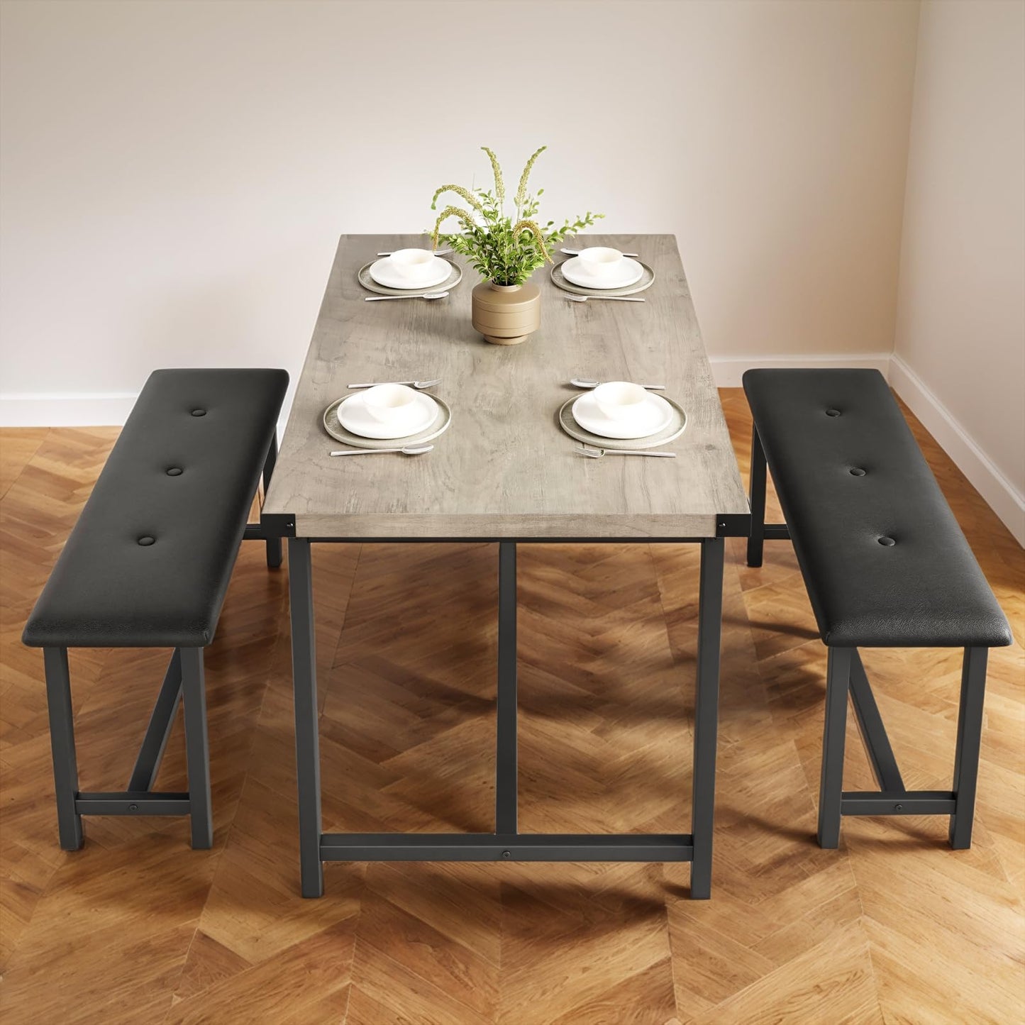 3 PSC Dining Table Set with 2 Upholstered Benches and 1 Table for 4, 44" Small Space Breakfast Nook Set, Kitchen Table with Tufted Upholstered Seats, Rustic Wood & Metal Frame, Easy Assembly