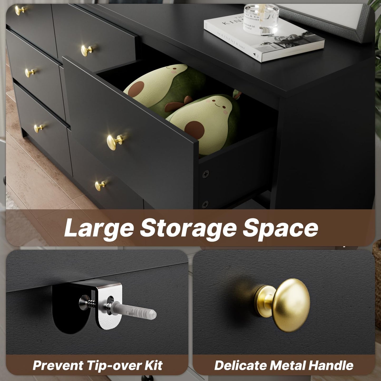 Tradare 9 Drawers Dresserfor Bedroom, 59" Wide Modern Chest of Drawers with Ample Storage, Dresser TV Stand, Wooden Storage Organizer for Living Room, Hallway, Black