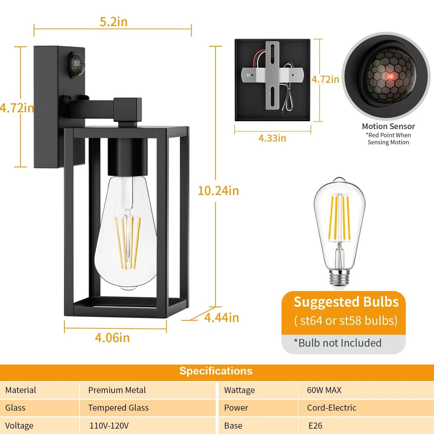 2 Pack Motion Sensor Outdoor Light Fixtures Wall Mount, H 10.24'' Small Front Porch Lights for House, Exterior Wall Sconce, Black Waterproof Lantern Lamp,Outside Coach Light for Garage Entryway Yard