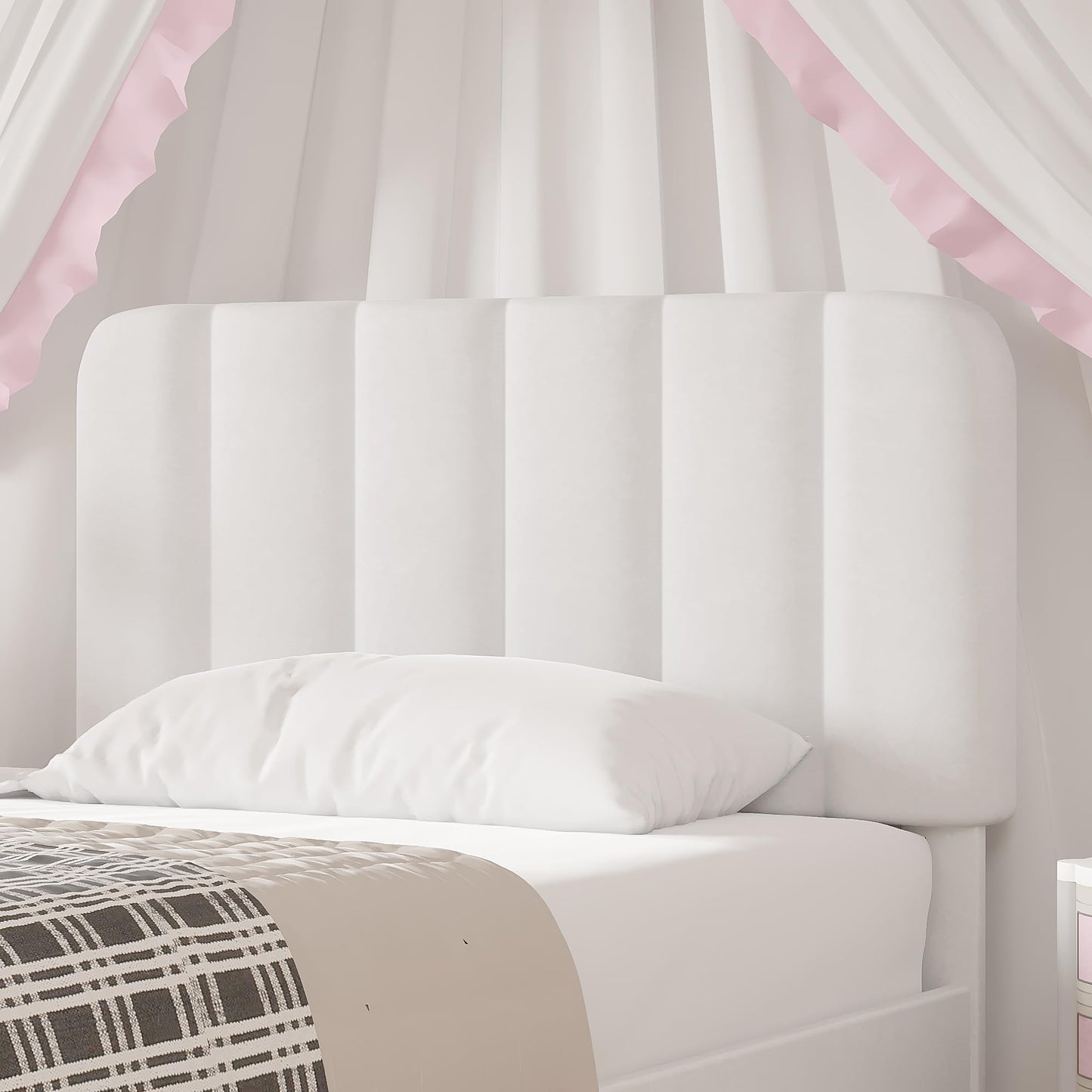 VECELO Twin Size Bed Frame with Upholstered Headboard, Velvet Platform Bedframe Mattress Foundation, Strong Wood Slat Support, No Box Spring Needed,White