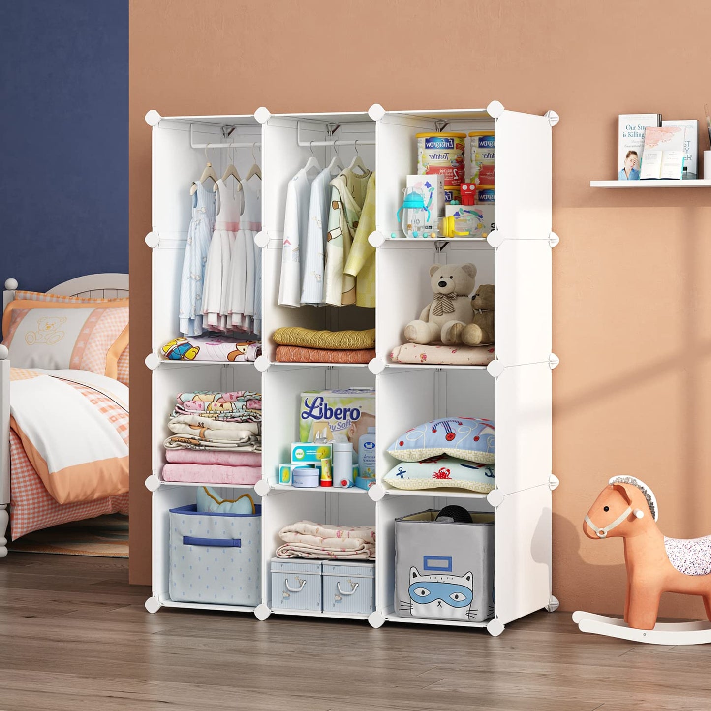 VIPZONE Baby Closet,Dresser, Kids Closet Organizers, Portable Kids Wardrobe for Closet, Bedroom, Nursery, Cubby, Cabinet, Clothes, Dress, Baby Storage Shelf, Armoire Clothes Hanging (12 Cube, White)