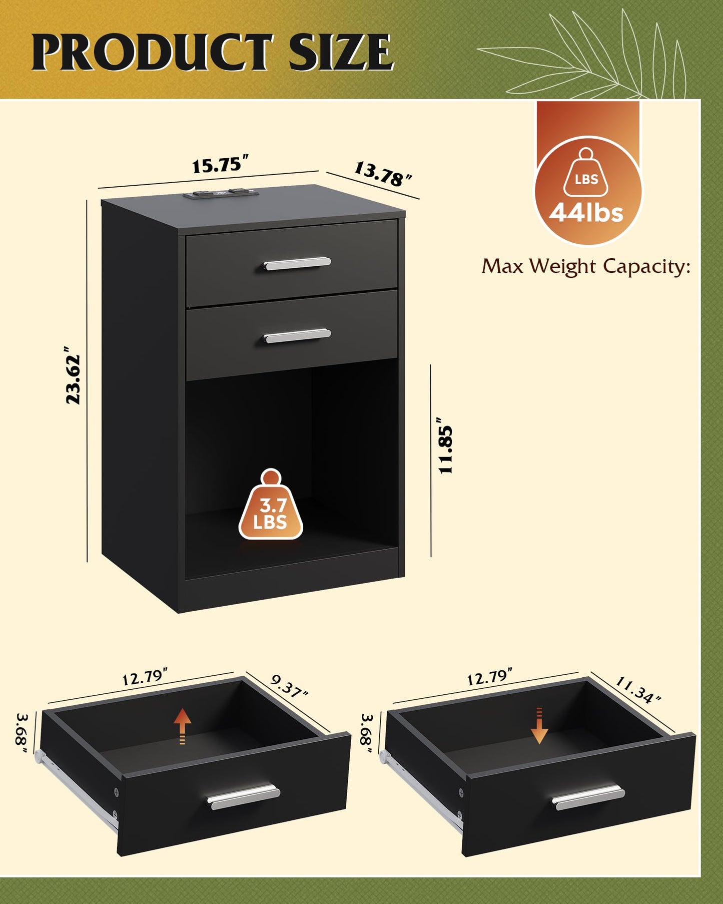 WLIVE Nightstand Set of 2 with Charging Station, Wood Night Stand Sets with 2 Drawers and Open Shelf, Bed Side Tables Bedroom, Living Room, Black