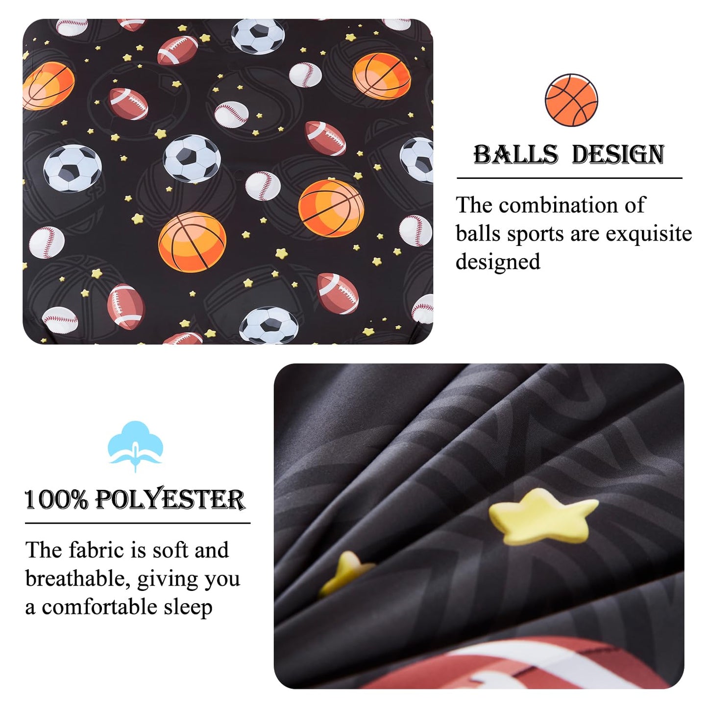 ZSYAYAHA Twin Bedding Set with Comforter 5 Pieces Boys Basketball Bedding Set Kids Sports Bed Set Soft Fluffy Baseball Soccer Bed in A Bag for All Season(Black Balls, Twin)
