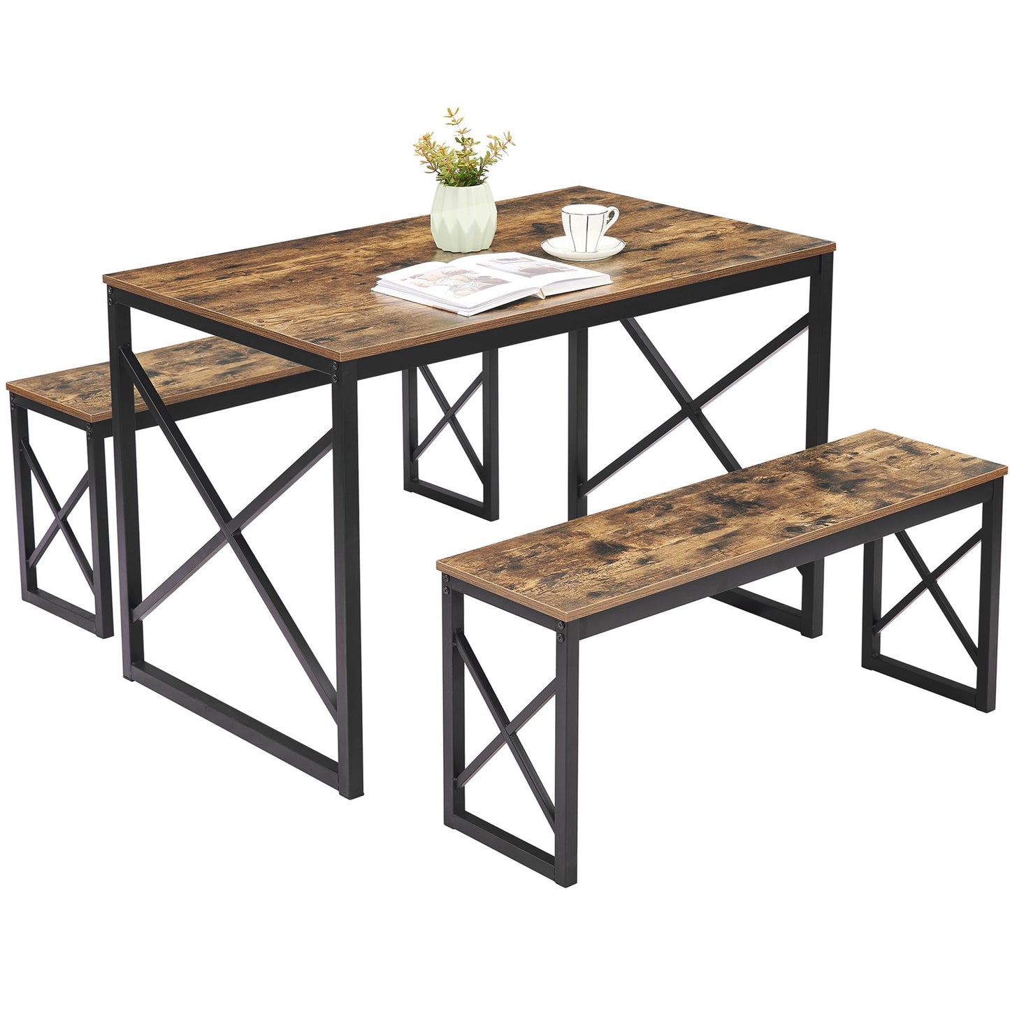 VECELO Kitchen Table with 2 Benches for 4, Wood Dining Room Dinette Sets for Breakfast Nook and Small Space, Brown