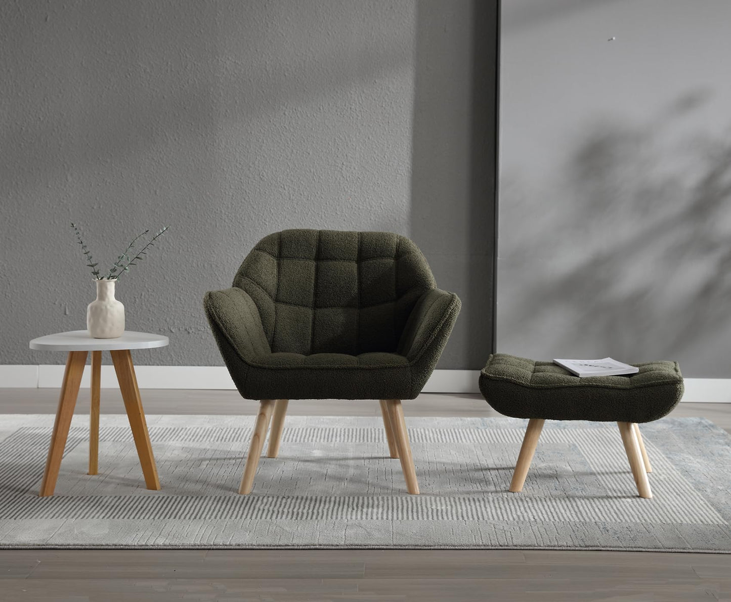 ZH4YOU Sherpa Accent Reading Chair with Ottoman, Modern Fuzzy Chair with Ottoman Upholstered Armchair with Wood Legs Comfy Lounge Chair for Small Spaces Living Room Bedroom Book Nook, Green