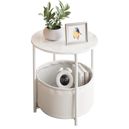 VERFARM Coffee Table with Storage, Round Center Table for Living Room, Bedroom with Fabric Basket, Modern End Table, Metal Side Table, Bedside Nightstand for Small Spaces, White